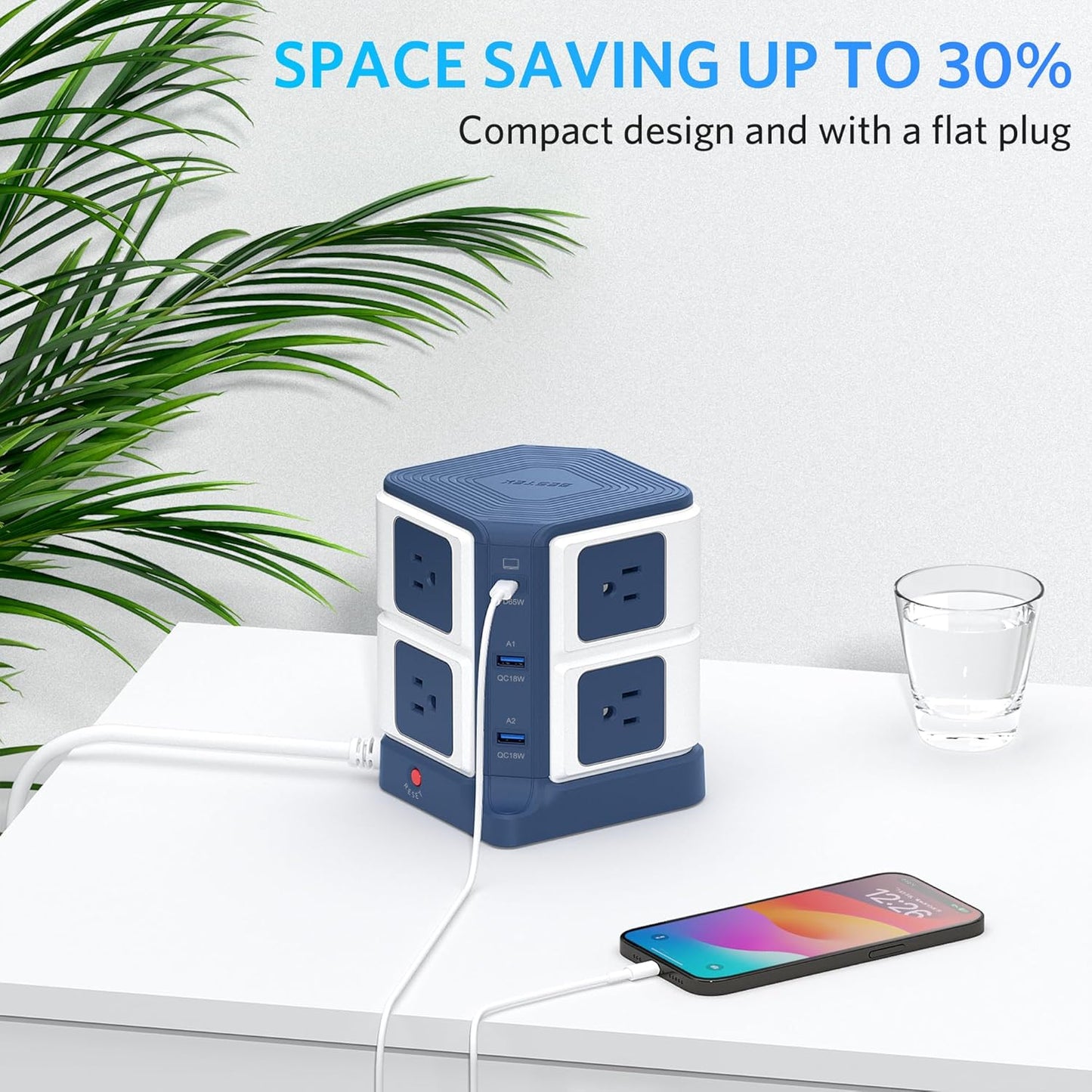 65W Power Strip Tower - 8 Outlets & 2 USB Ports, Surge Protector with 4.9Ft Heavy-Duty Cord for Home Office Charging