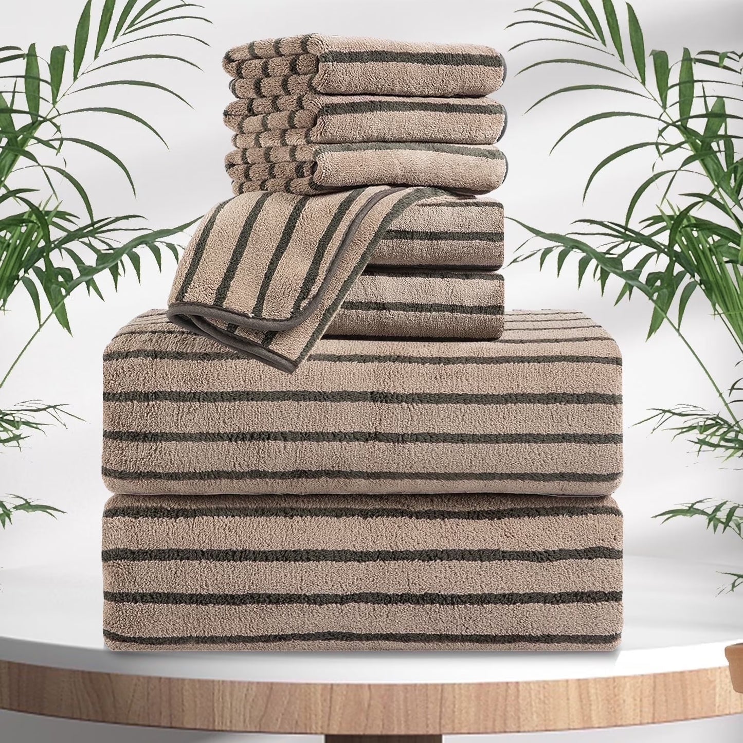 Luxurious  8-Piece Dark Brown Bicolor Stripe Bath Towel Set - Includes Oversized Towels, Hand Towels, and Washcloths