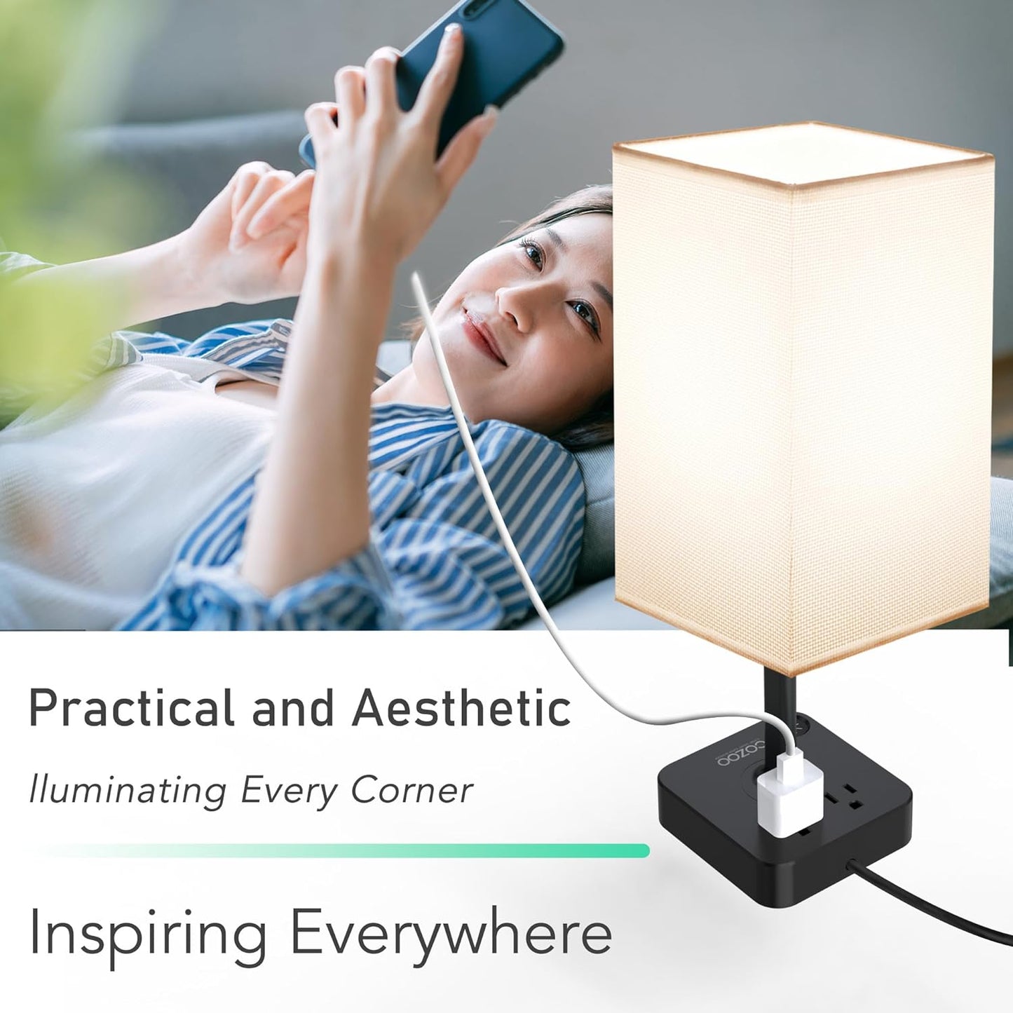 Dimmable USB Table Lamp with 2 Charging Ports & Outlets - Stylish White Fabric Shade for Bedroom, Living Room, Dorm & Home Office