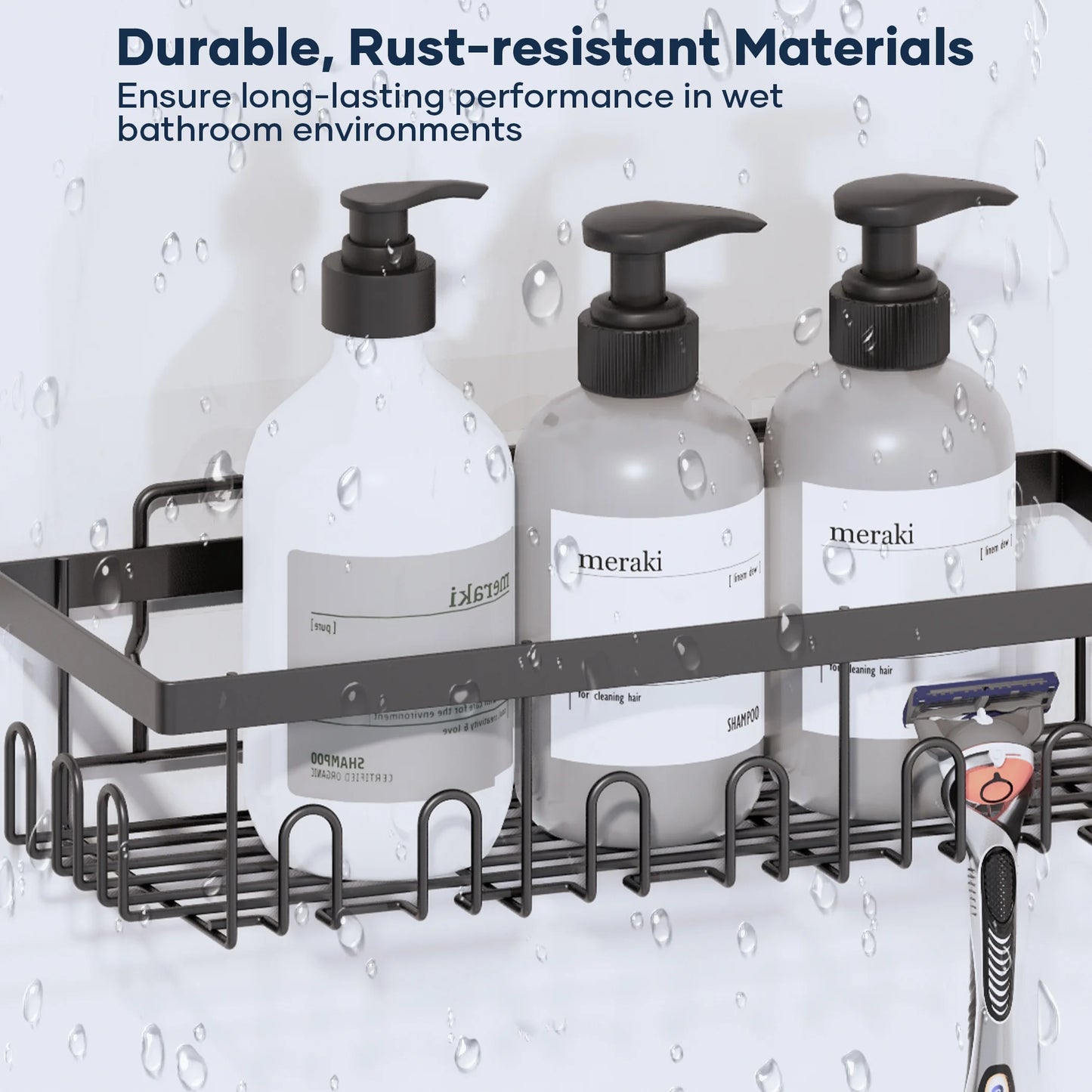 6-Pack Adhesive Shower Caddy - No-Drill Wall Mounted Organizer with Soap Holder, Large Capacity for Bathroom & Kitchen Storage - Sleek Black Design