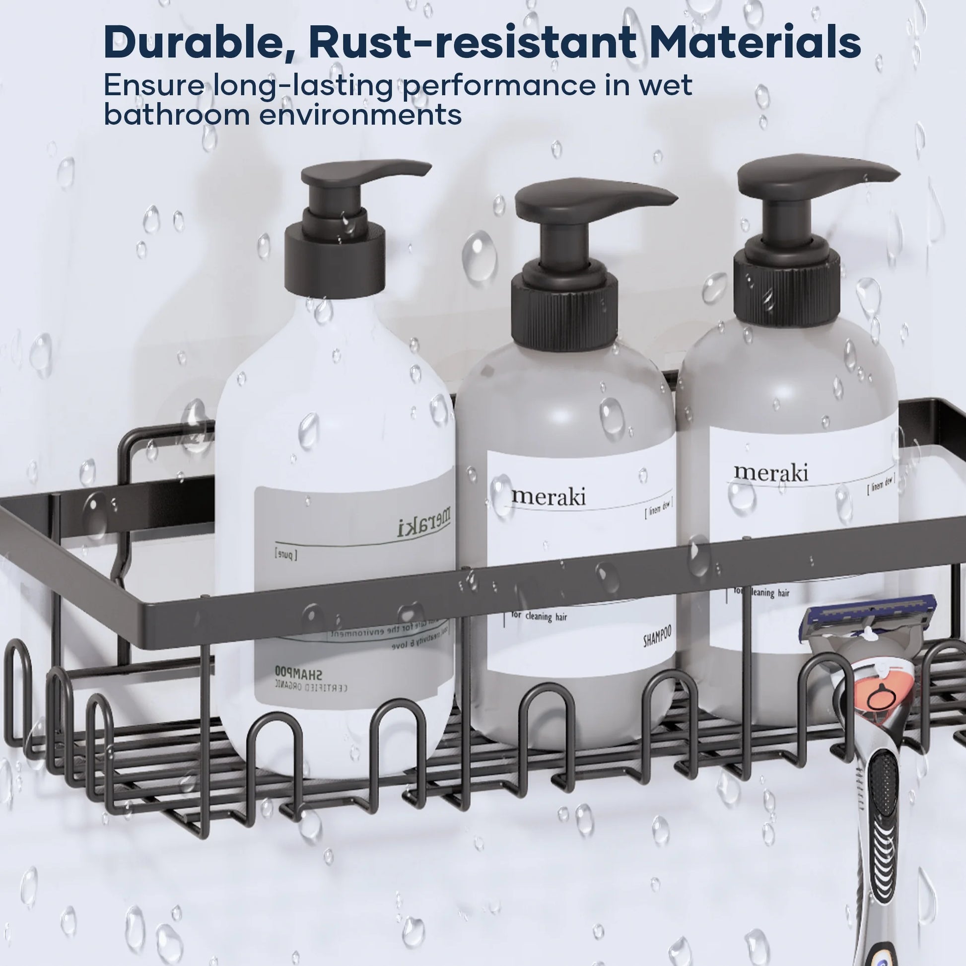 6-Pack Adhesive Shower Caddy - No-Drill Wall Mounted Organizer with Soap Holder, Large Capacity for Bathroom & Kitchen Storage - Sleek Black Design