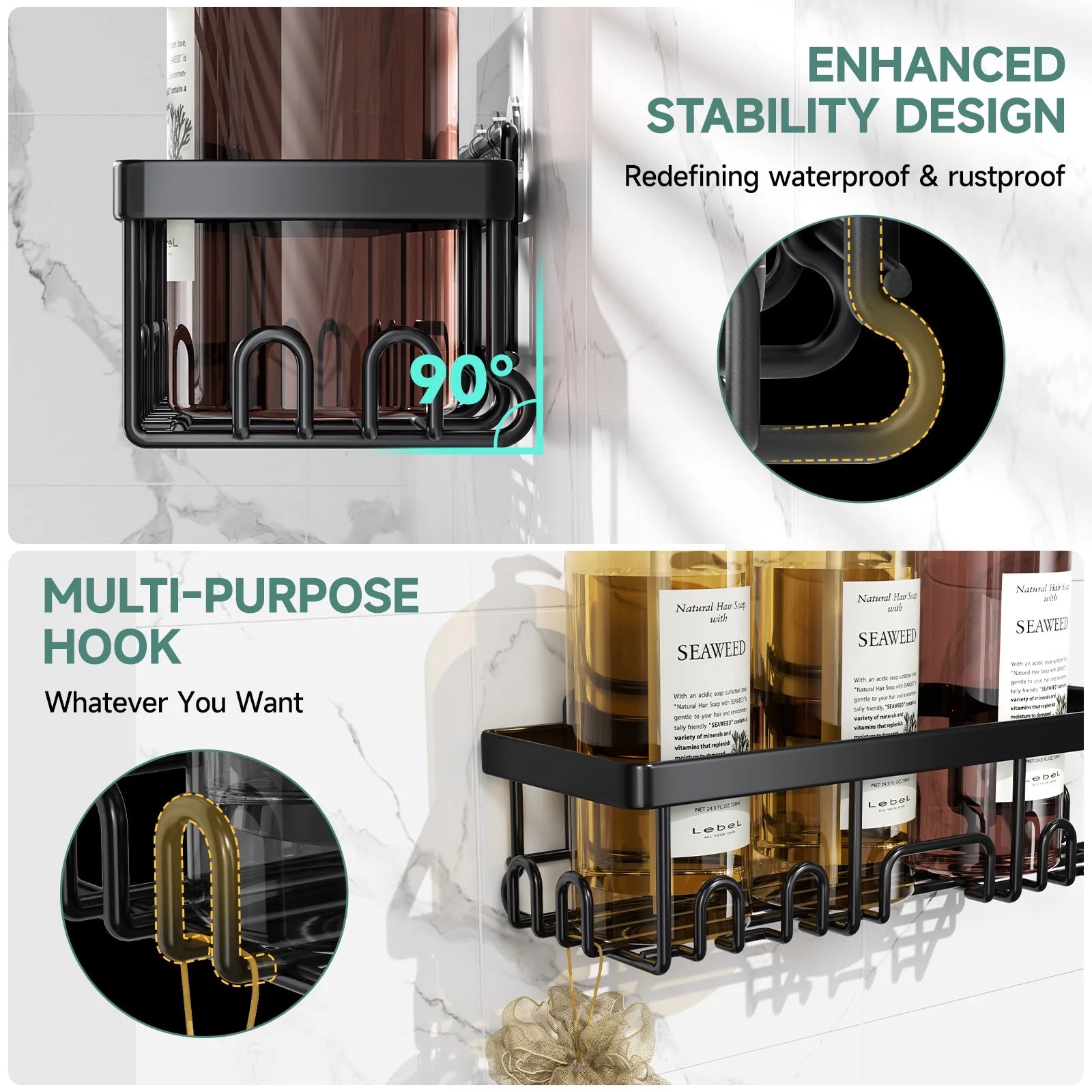 6-Pack Rustproof Waterproof Shower Caddy - No Drill Adhesive Wall Shelves for Heavyweight Storage in Bathroom, Home & Kitchen