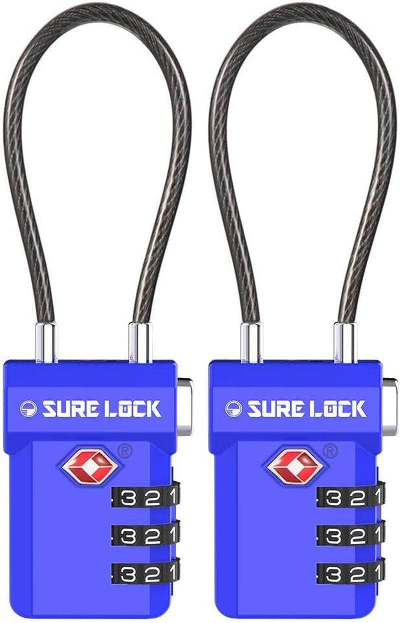 TSA Approved 3-Digit Combination Cable Luggage Locks - Easy-Press Button & Large Dial for Suitcases and Backpacks - Multi-Pack with Color Choices!