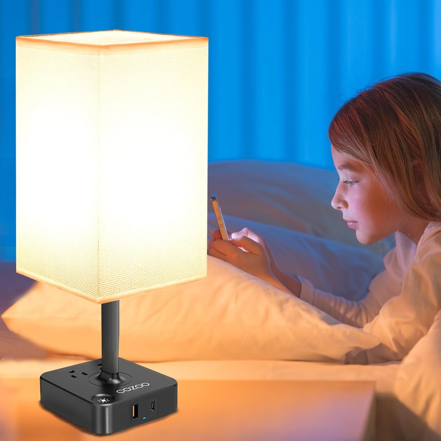 Dimmable USB Table Lamp with 2 Charging Ports & Outlets - Stylish White Fabric Shade for Bedroom, Living Room, Dorm & Home Office