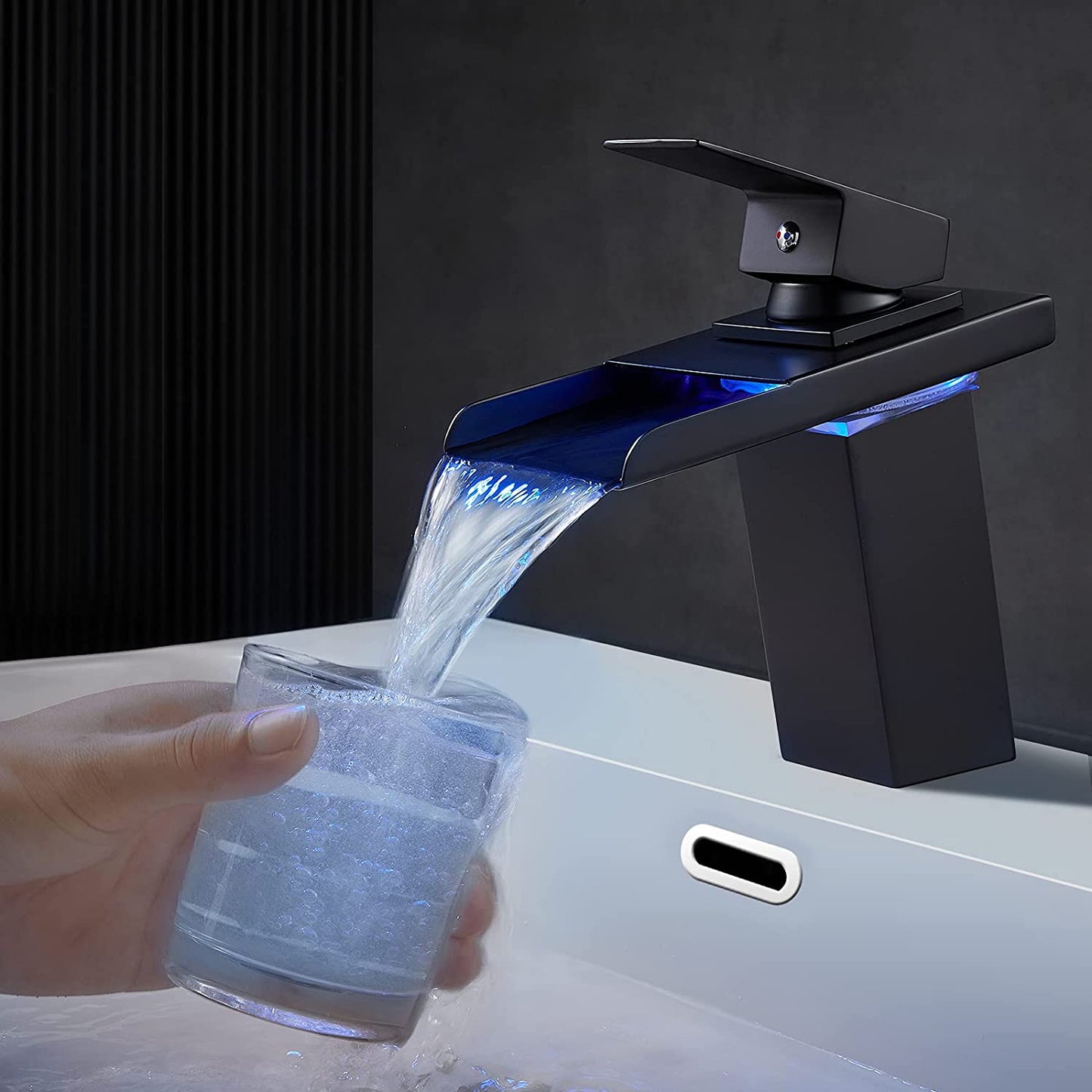 Multicolor LED Waterfall Faucet for Bathroom Sink - Stylish Hot & Cold Mixer Tap in Black
