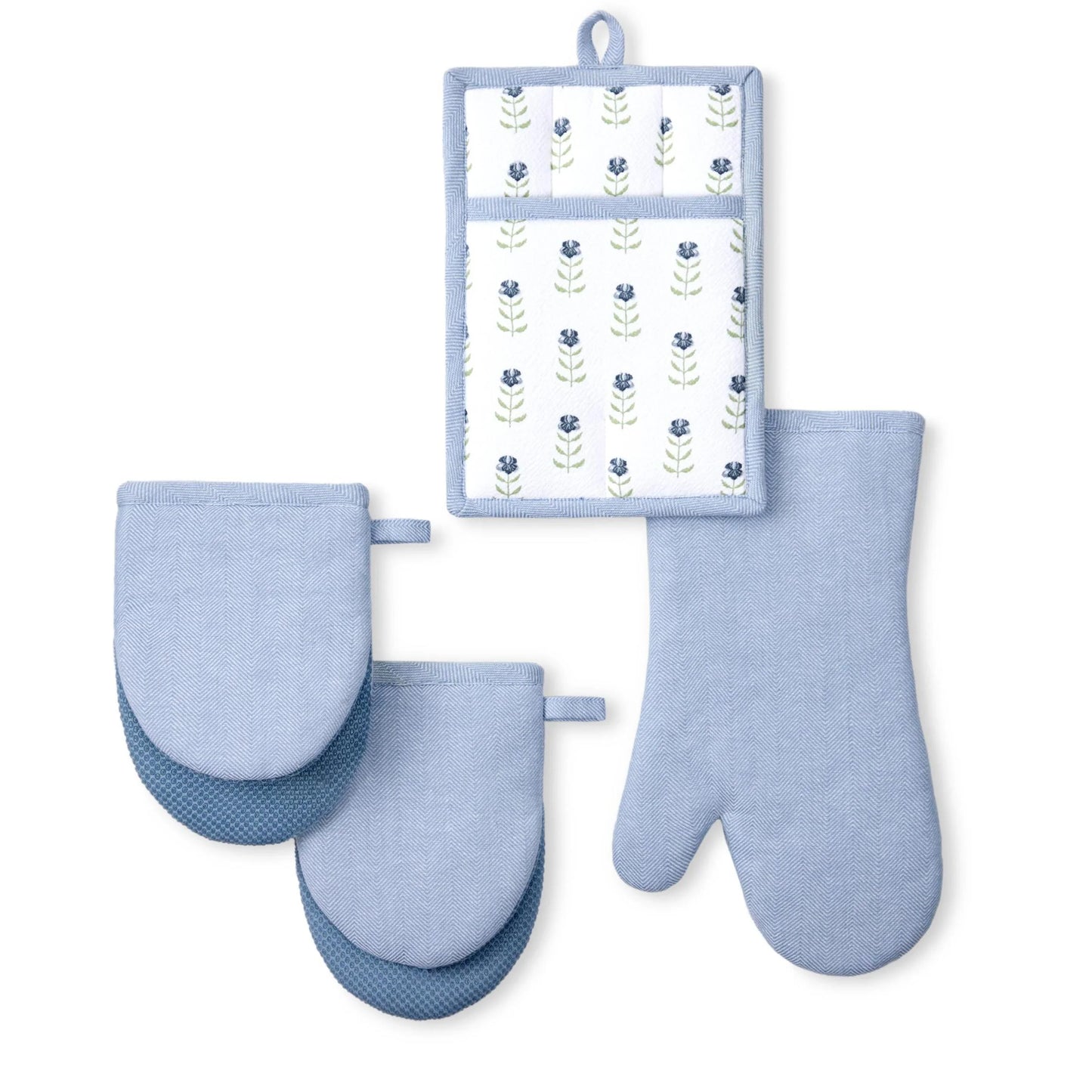 Drew Barrymore  Home 4-Piece Kitchen Set: Stylish Blue Oven Mitt, Pot Holder, and Mini Mitts