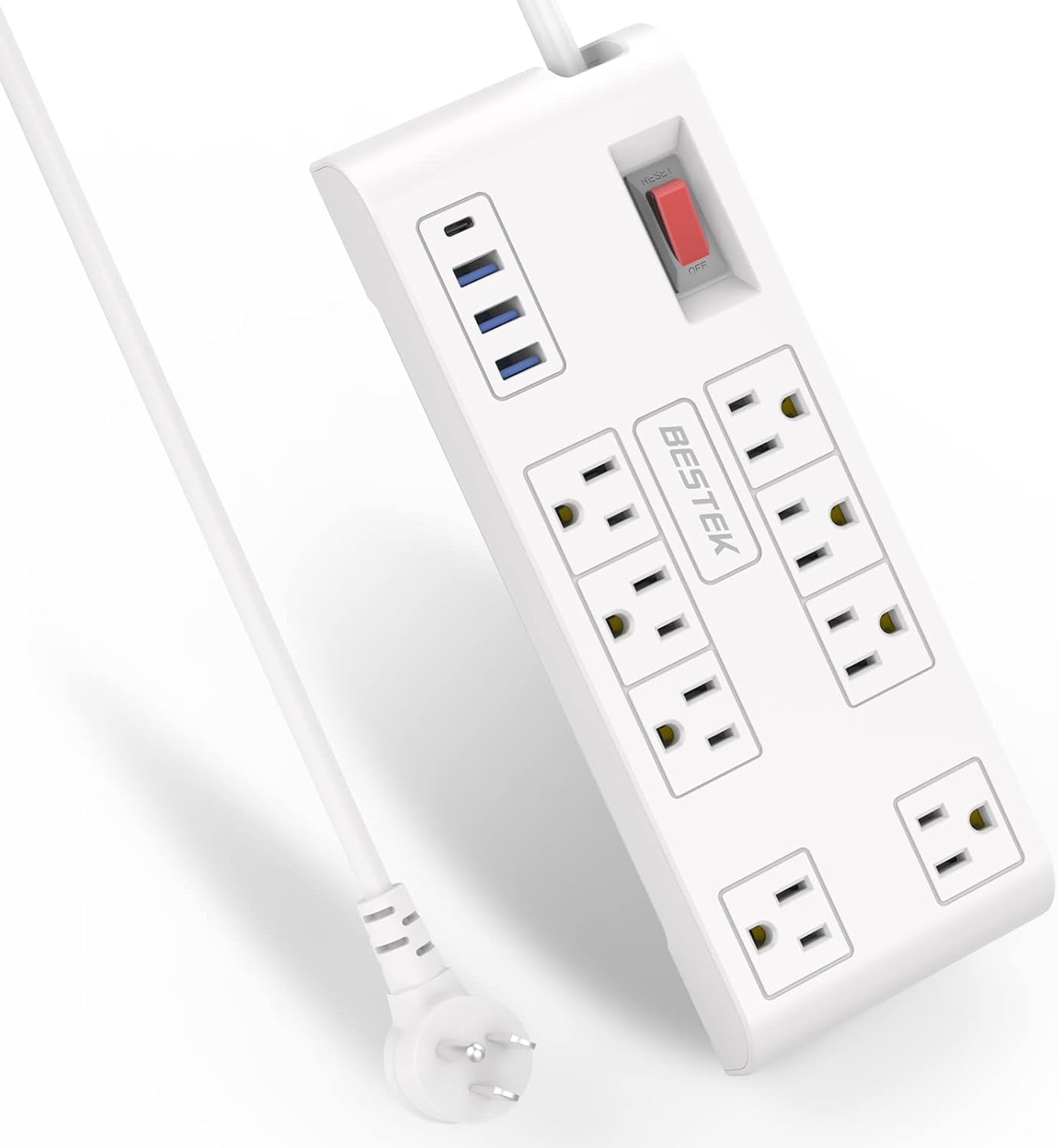 8-Outlet Power Strip with 5ft Extension Cord, 3 USB-A & 1 USB-C Ports, 1625W Max Output, Compact Design for Large Plugs