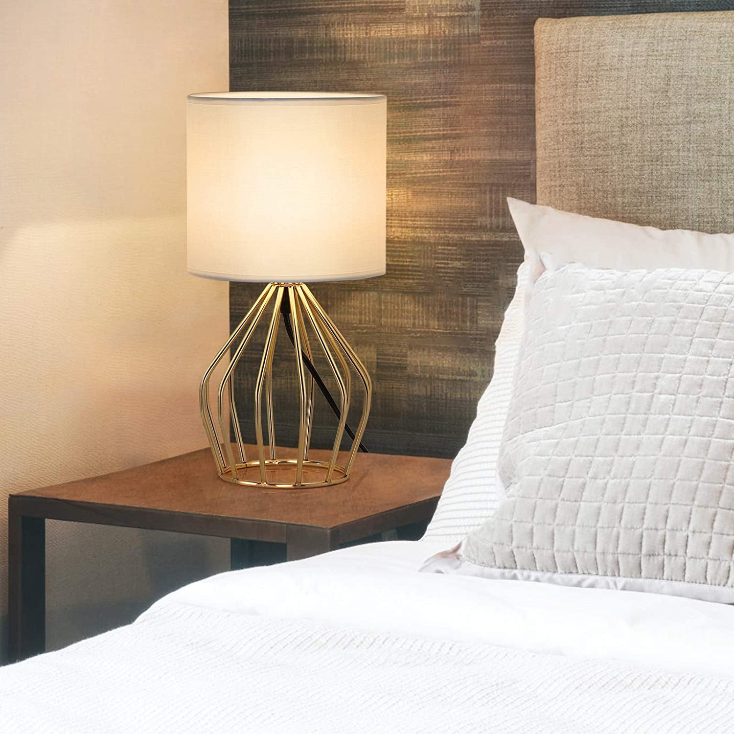 Modern Gold Table Lamp - Stylish Hollow Base with Linen Shade, Perfect Small Bedside Lamp for Bedrooms and Living Rooms