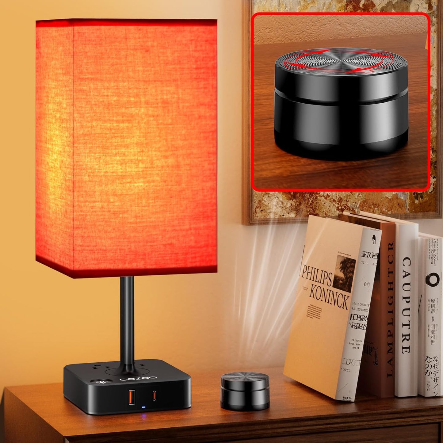 Dimmable USB Table Lamp with 2 Charging Ports & Outlets - Stylish White Fabric Shade for Bedroom, Living Room, Dorm & Home Office