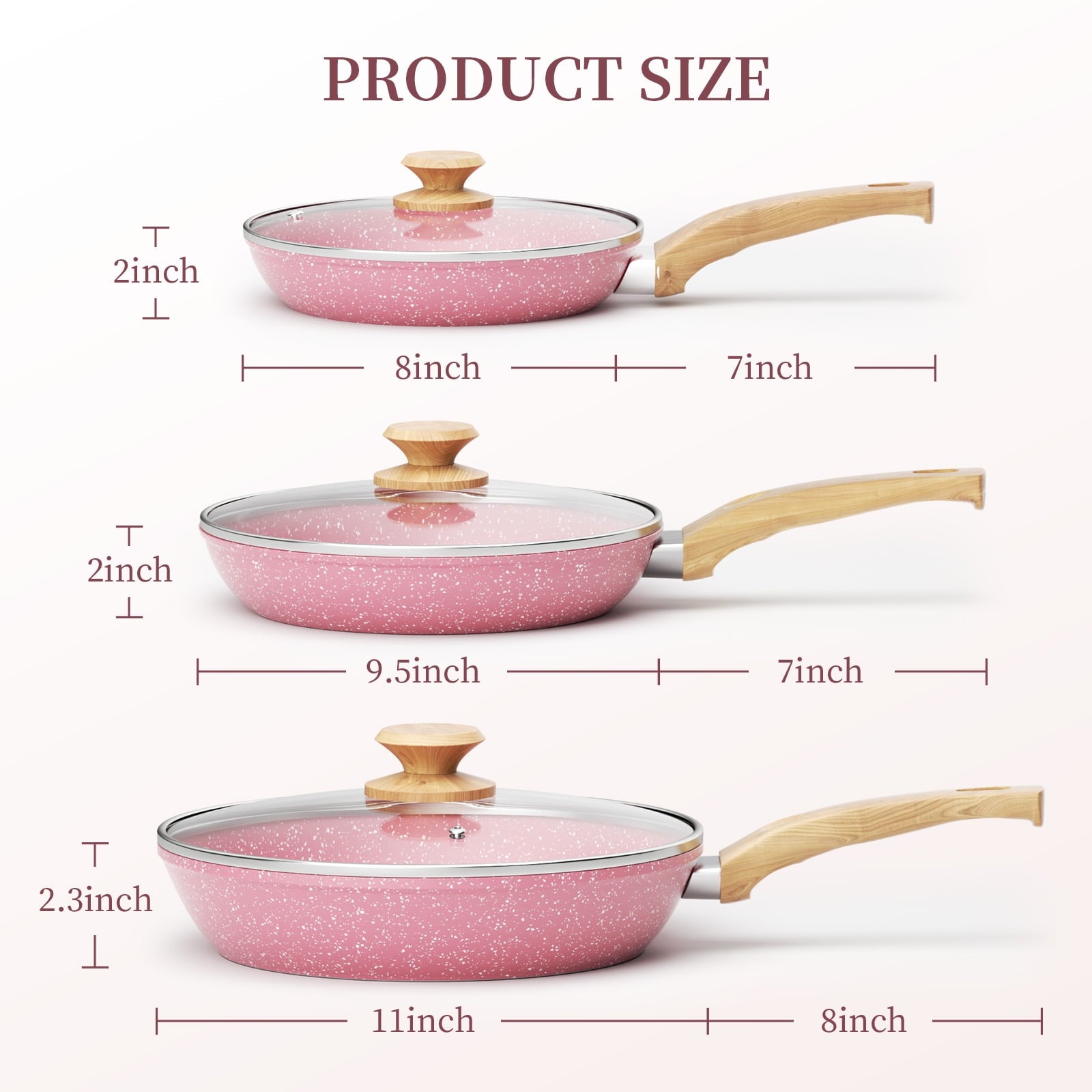 Stylish  6-Piece Nonstick Frying Pan Set in Pink - Includes 8", 9.5", and 11" Pans with Lids