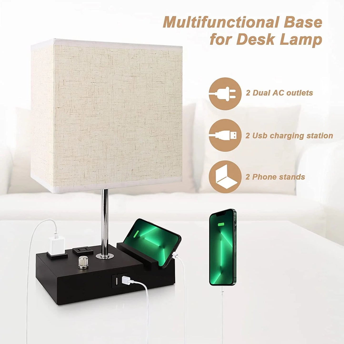 Stylish  Bedside Table Lamp with Dual Fast USB Charging, Fully Dimmable, 2 Phone Stands & Outlets - Perfect for Bedrooms & Living Rooms