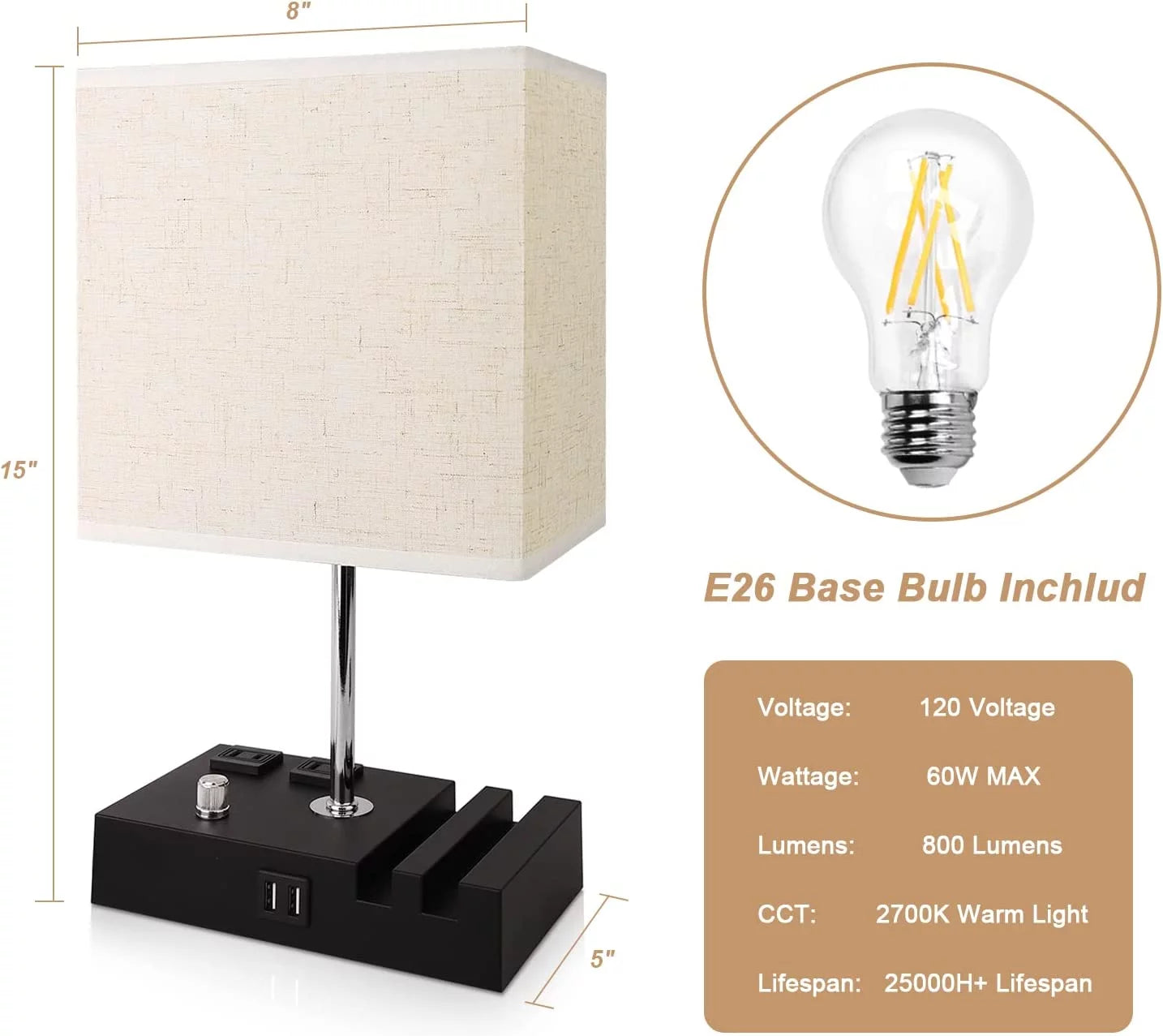 Stylish  Bedside Table Lamp with Dual Fast USB Charging, Fully Dimmable, 2 Phone Stands & Outlets - Perfect for Bedrooms & Living Rooms