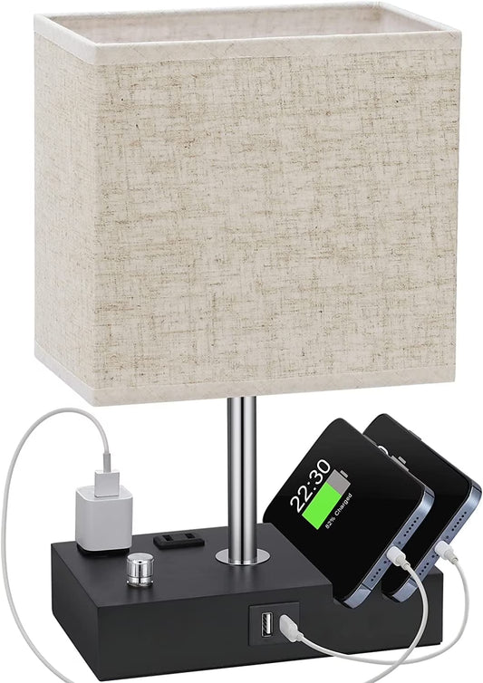 Stylish  Bedside Table Lamp with Dual Fast USB Charging, Fully Dimmable, 2 Phone Stands & Outlets - Perfect for Bedrooms & Living Rooms