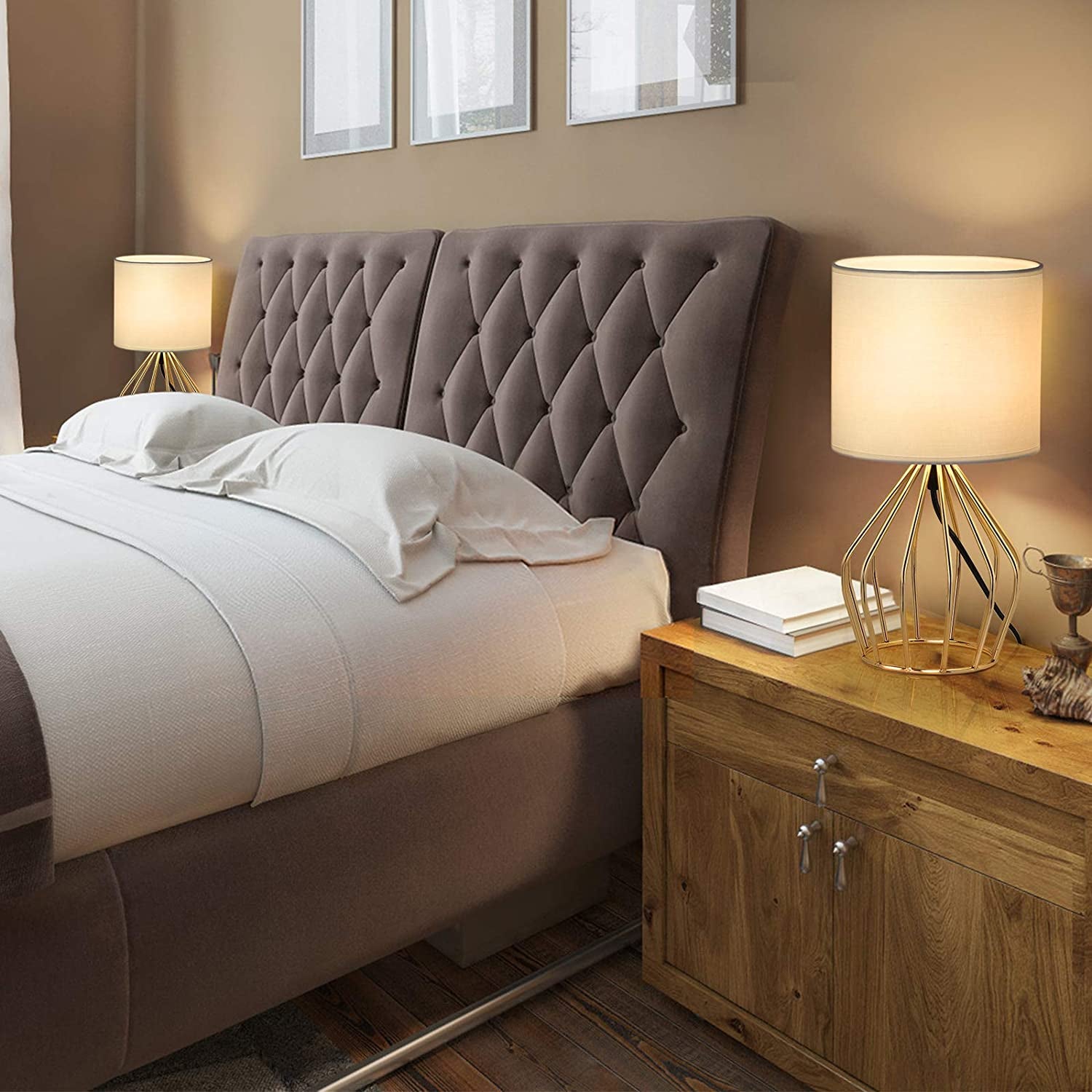 Modern Gold Table Lamp - Stylish Hollow Base with Linen Shade, Perfect Small Bedside Lamp for Bedrooms and Living Rooms