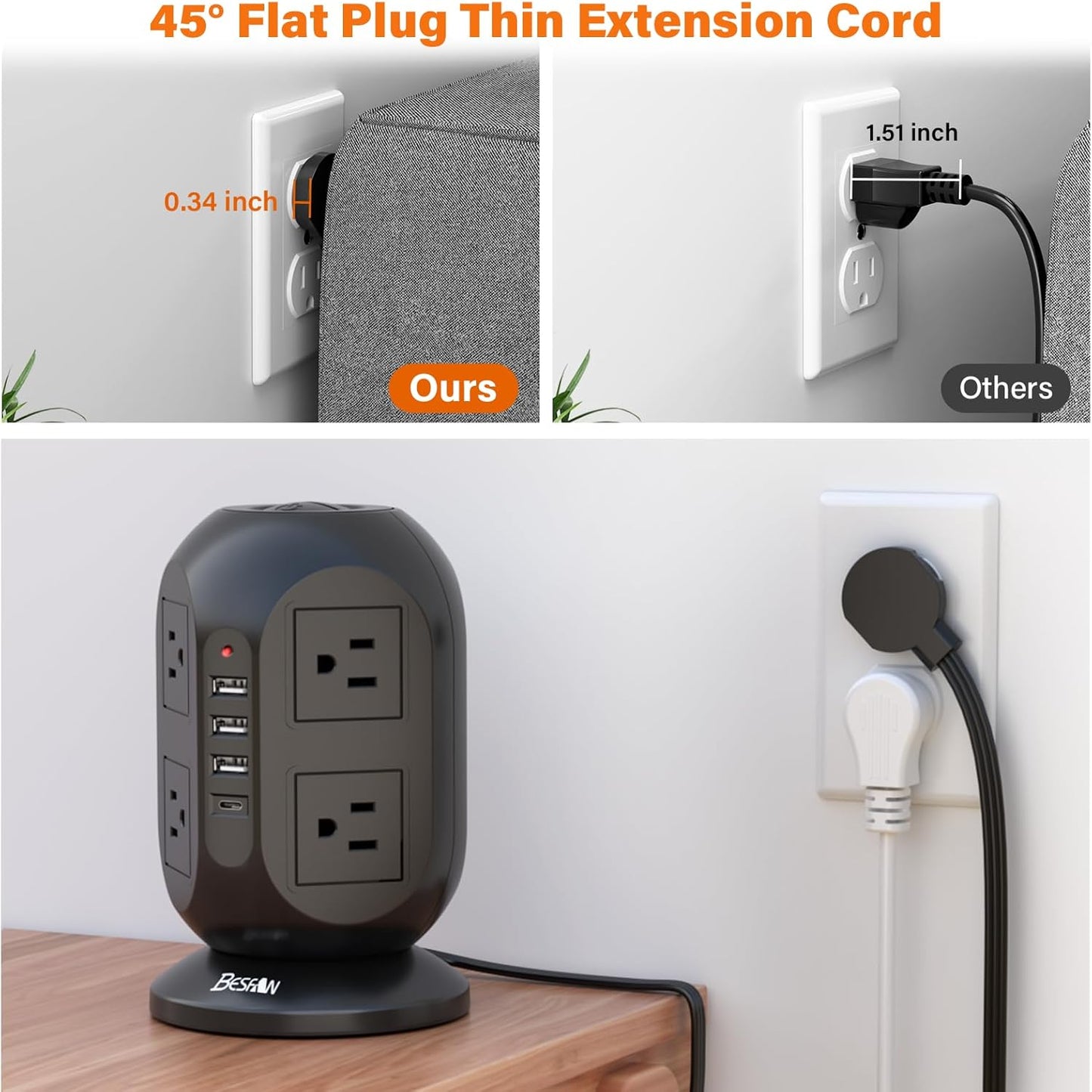 8-Outlet Surge Protector Power Strip Tower with 4 USB Ports (1 USB-C) and 10 Ft Flat Extension Cord - Ultimate Charging Station for Home, Office, and Dorm Essentials - Black