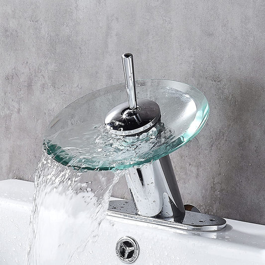 Modern Polished Chrome Waterfall Bathroom Sink Faucet with Unique Brass and Glass Design - Perfect for Vanity and Corner Sinks