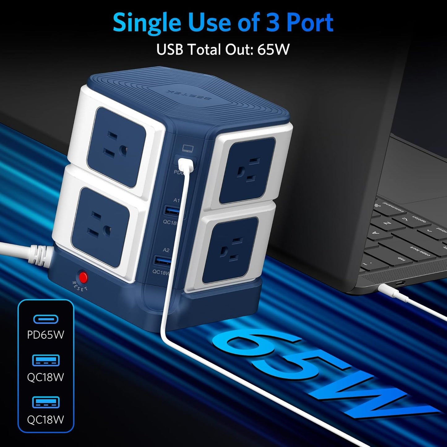 65W Power Strip Tower - 8 Outlets & 2 USB Ports, Surge Protector with 4.9Ft Heavy-Duty Cord for Home Office Charging