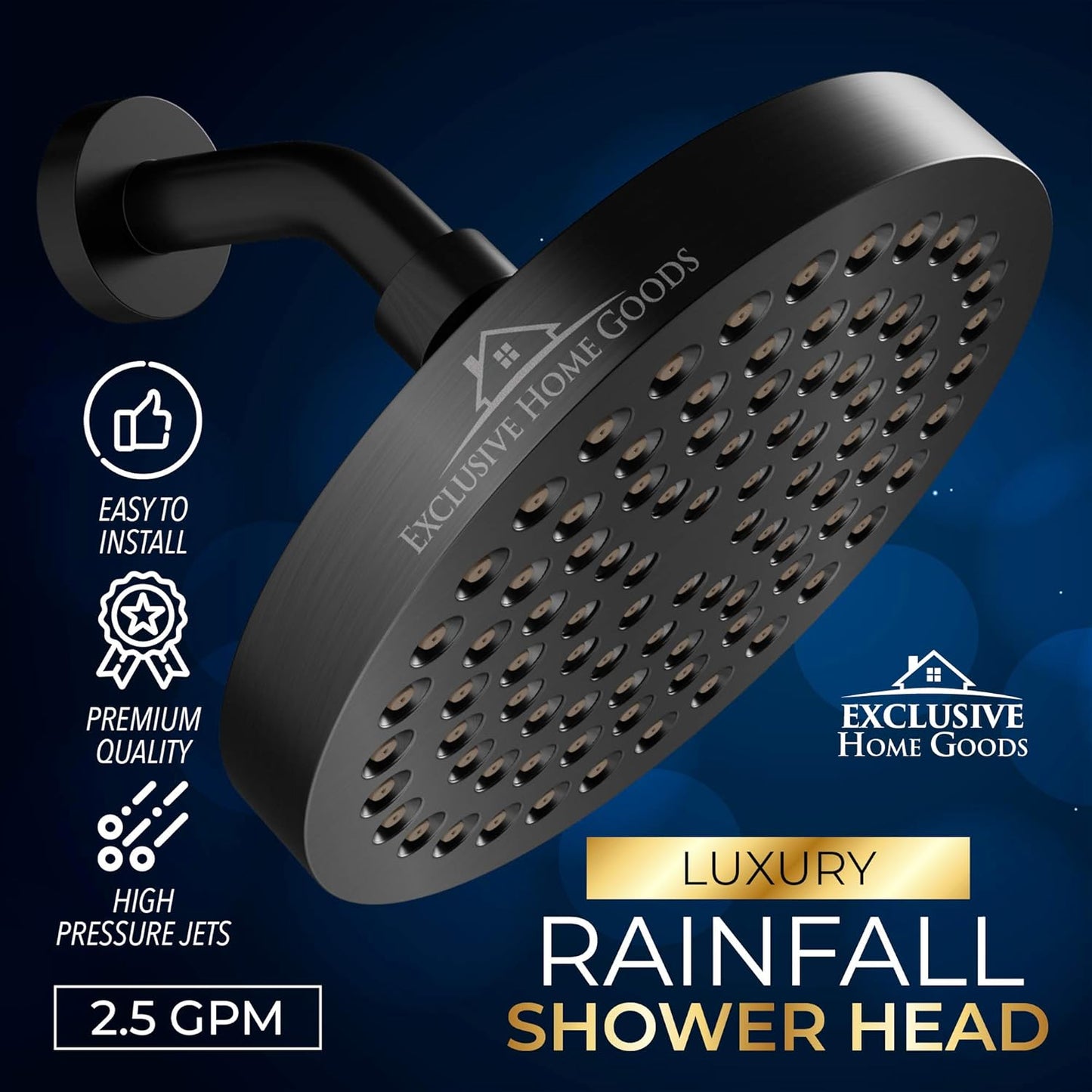 High Pressure Rainfall Shower Head - 6" Matte Black with Anti-Clog Jets & 360° Rotation - Rustproof & Adjustable for Ultimate Shower Experience