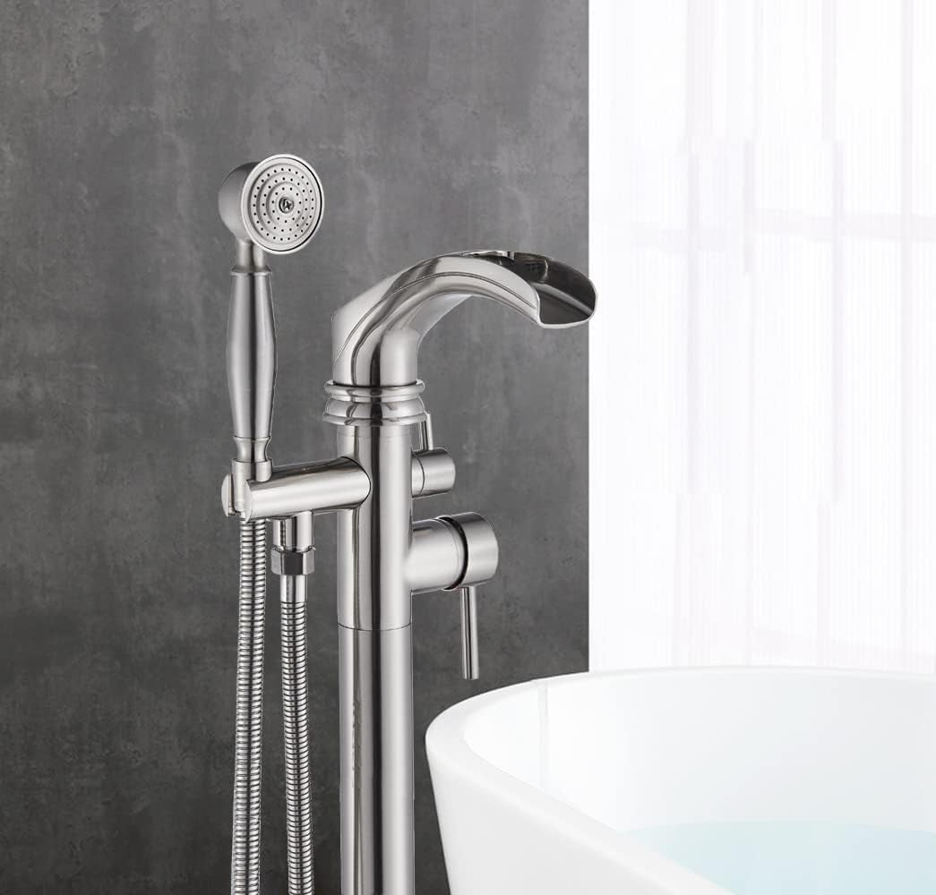 Stylish Freestanding Tub Filler with Waterfall Design & Handheld Sprayer - Stainless Steel Bathtub Faucet Set