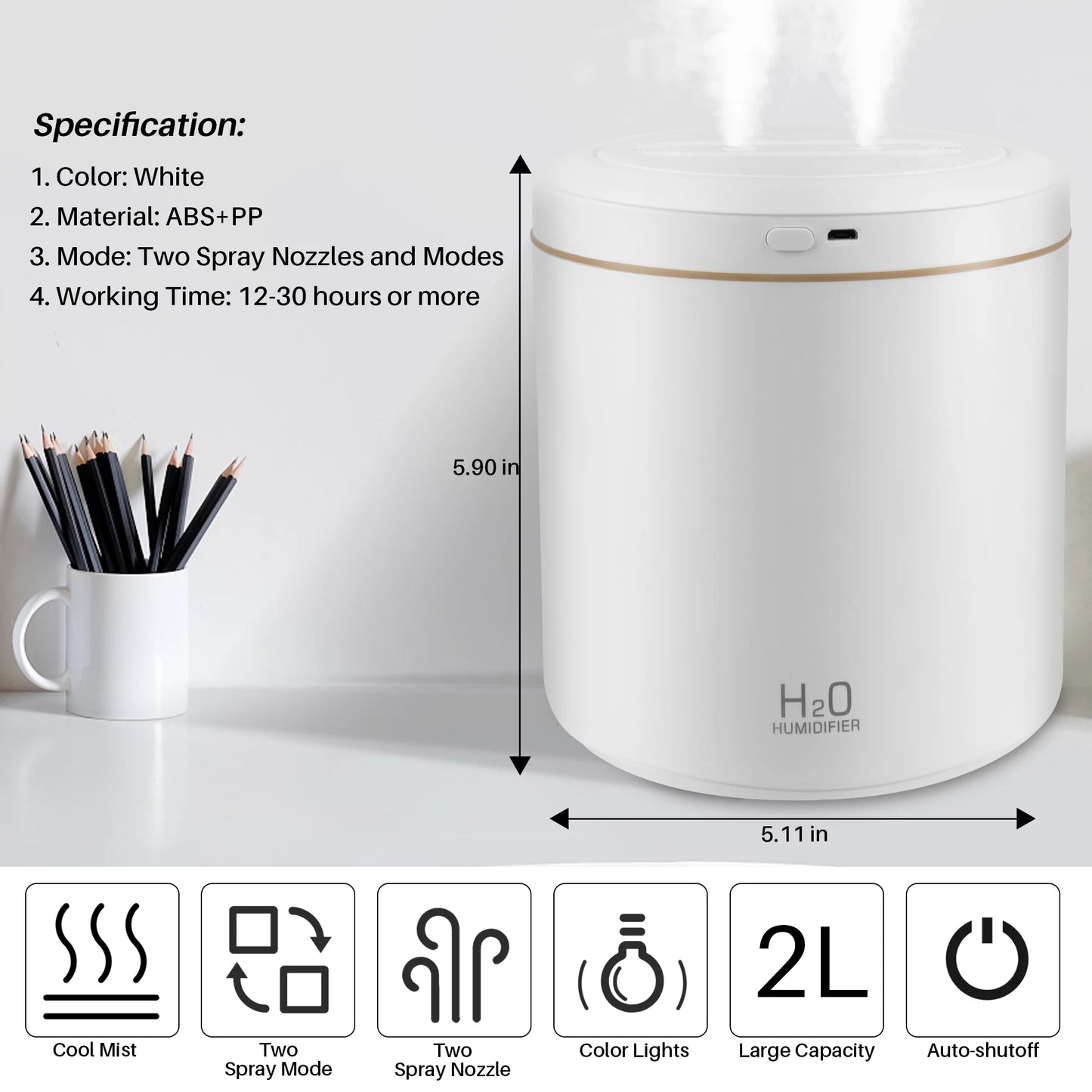2L Ultrasonic Cool Mist Humidifier - Perfect for Baby's Room and Home Comfort, Elegant White Design