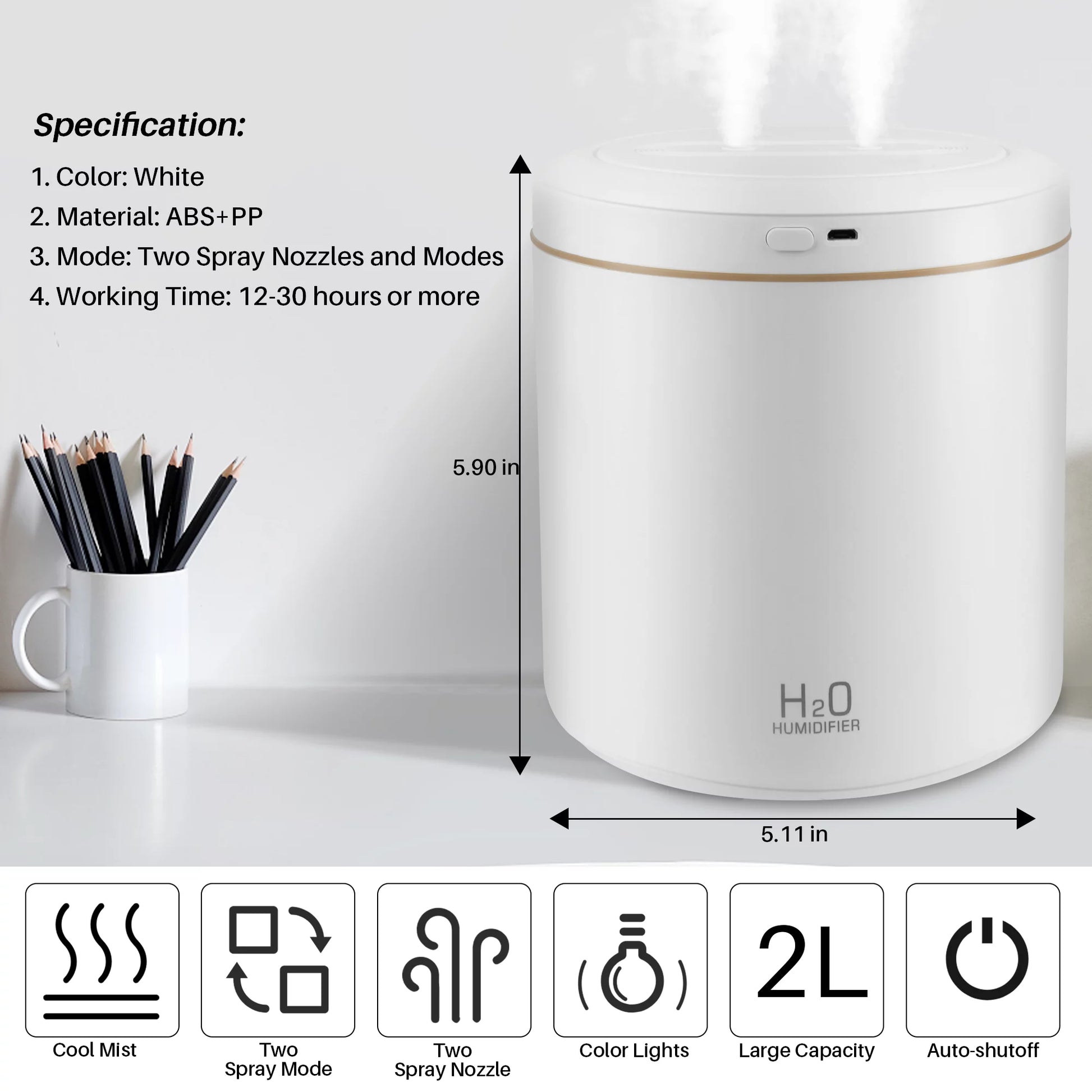 2L Ultrasonic Cool Mist Humidifier - Perfect for Baby's Room and Home Comfort, Elegant White Design