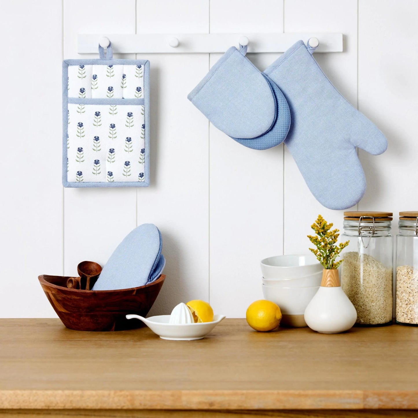 Drew Barrymore  Home 4-Piece Kitchen Set: Stylish Blue Oven Mitt, Pot Holder, and Mini Mitts