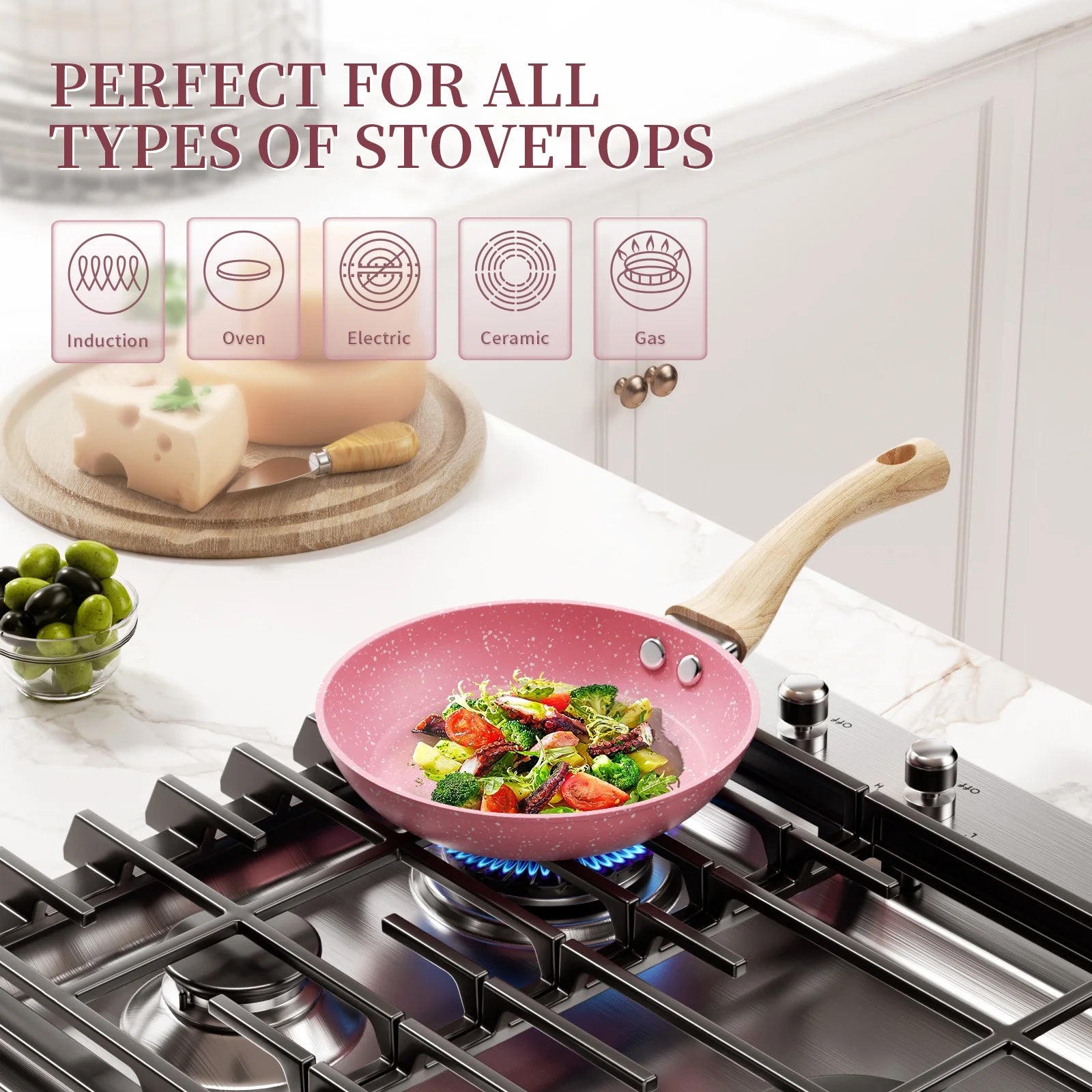 8-Inch Pink Nonstick Granite Frying Pan with Comfortable Bakelite Handle - Versatile for All Stove Types!