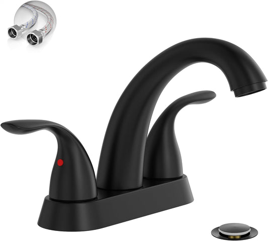 Matte Black Centerset Bathroom Sink Faucet with Copper Pop-Up Drain & Water Supply Lines - 2 or 3 Hole Installation, Lead-Free Design