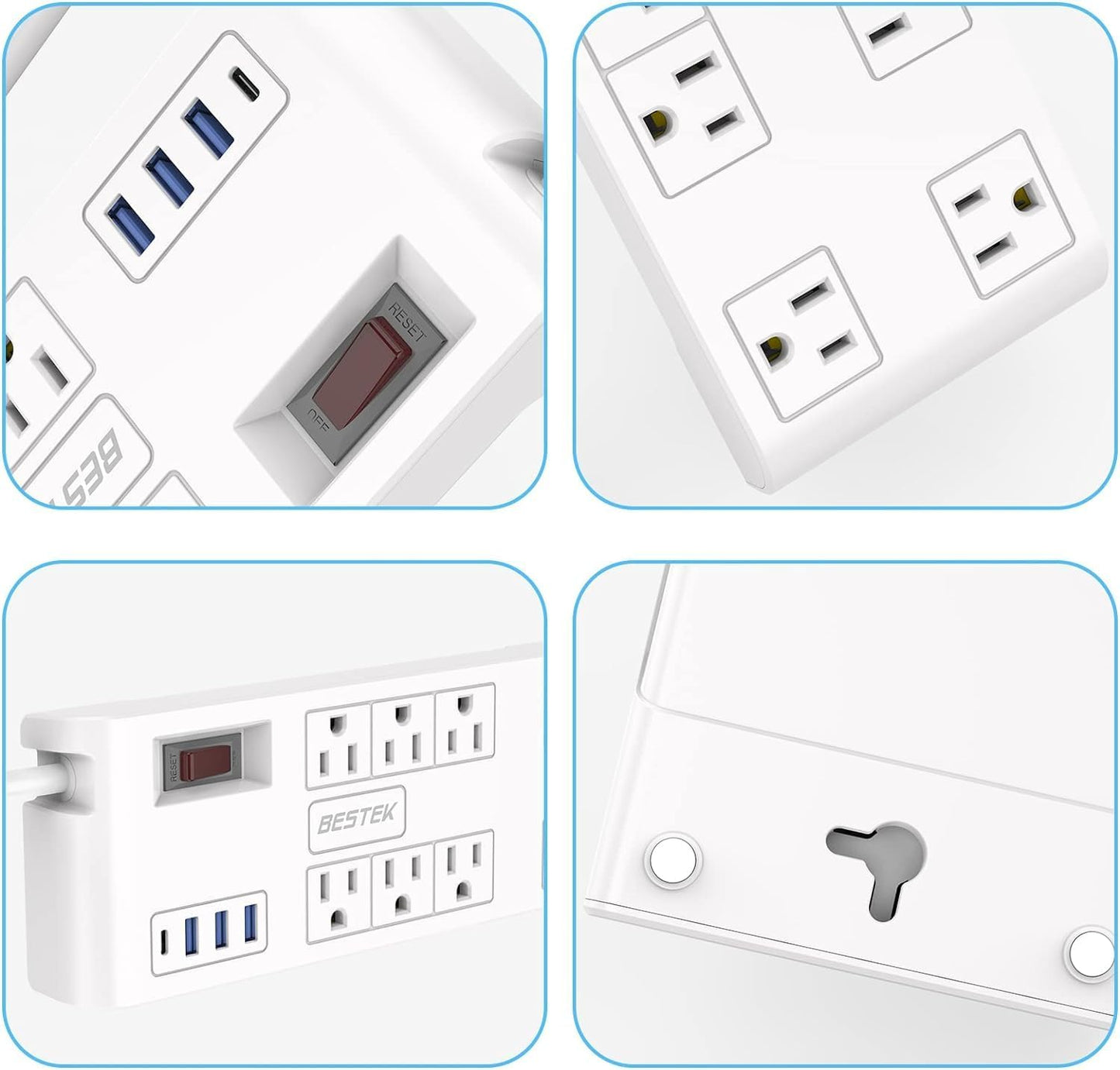 8-Outlet Power Strip with 5ft Extension Cord, 3 USB-A & 1 USB-C Ports, 1625W Max Output, Compact Design for Large Plugs