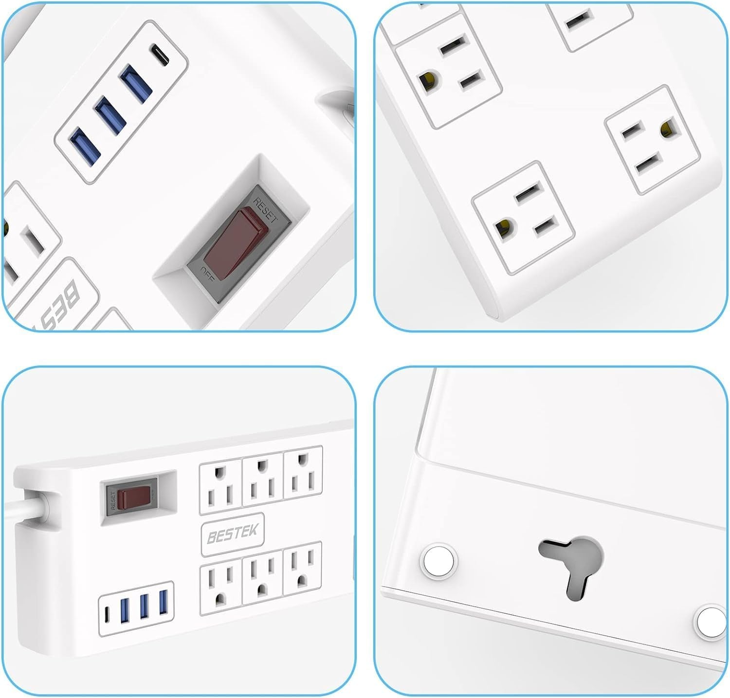 8-Outlet Power Strip with 5ft Extension Cord, 3 USB-A & 1 USB-C Ports, 1625W Max Output, Compact Design for Large Plugs