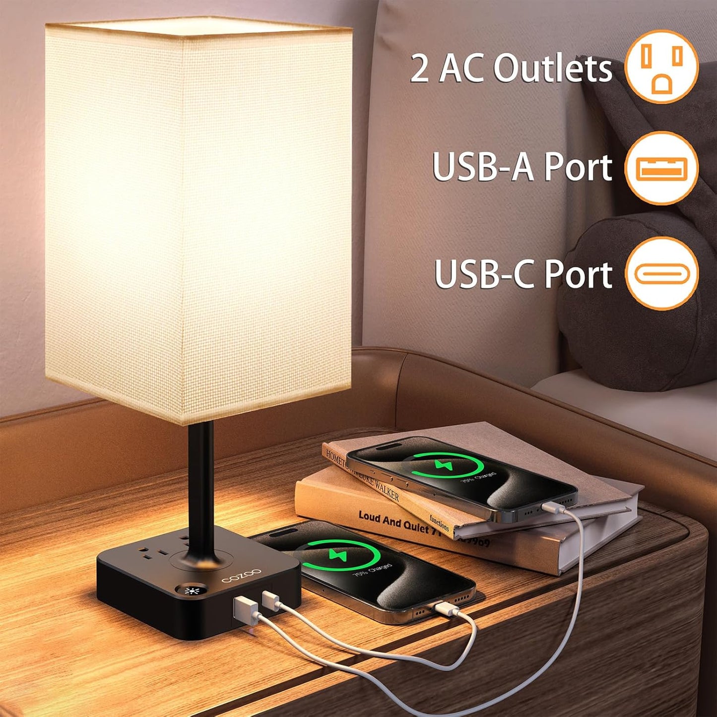 Dimmable USB Table Lamp with 2 Charging Ports & Outlets - Stylish White Fabric Shade for Bedroom, Living Room, Dorm & Home Office