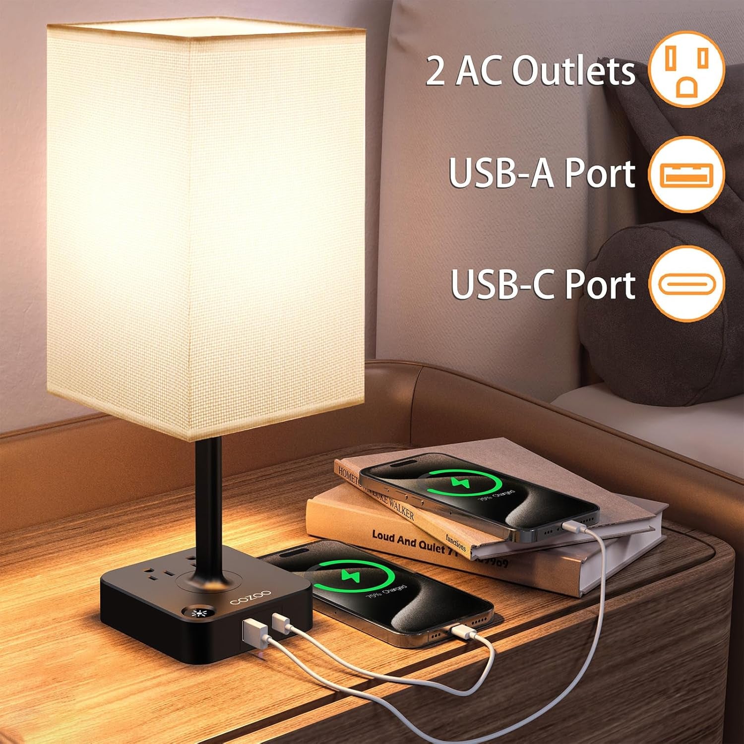 Dimmable USB Table Lamp with 2 Charging Ports & Outlets - Stylish White Fabric Shade for Bedroom, Living Room, Dorm & Home Office