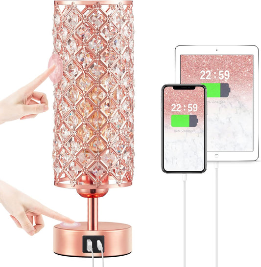 Elegant  Crystal Table Lamp - 3-Way Dimmable Touch Control, Rose Gold Design with USB C & Ports, Perfect for Bedroom, Living Room & Home Office (Bulb Included)