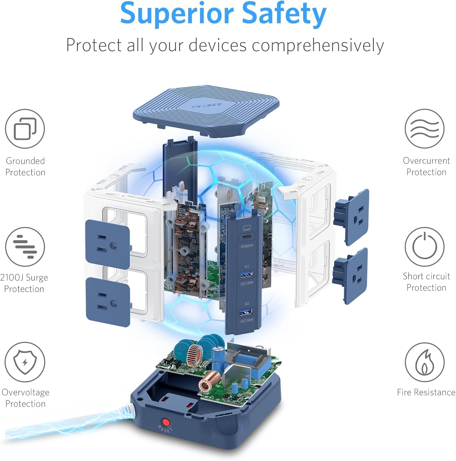 65W Power Strip Tower - 8 Outlets & 2 USB Ports, Surge Protector with 4.9Ft Heavy-Duty Cord for Home Office Charging