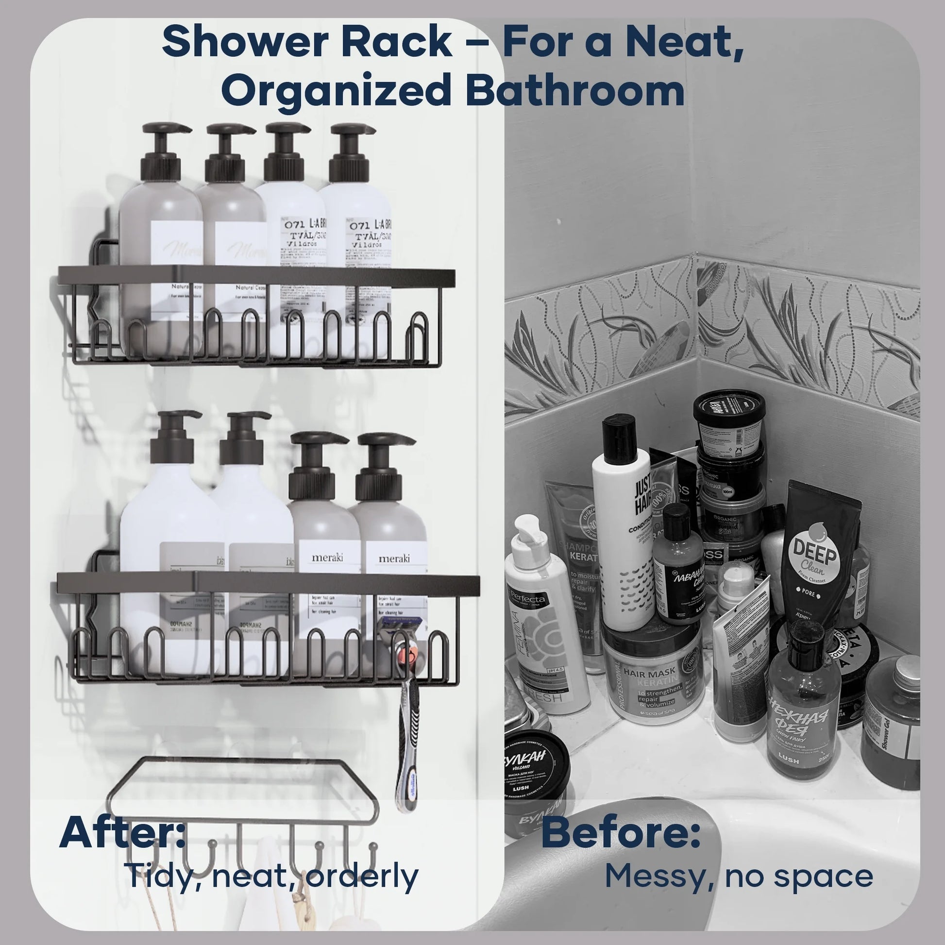 6-Pack Adhesive Shower Caddy - No-Drill Wall Mounted Organizer with Soap Holder, Large Capacity for Bathroom & Kitchen Storage - Sleek Black Design