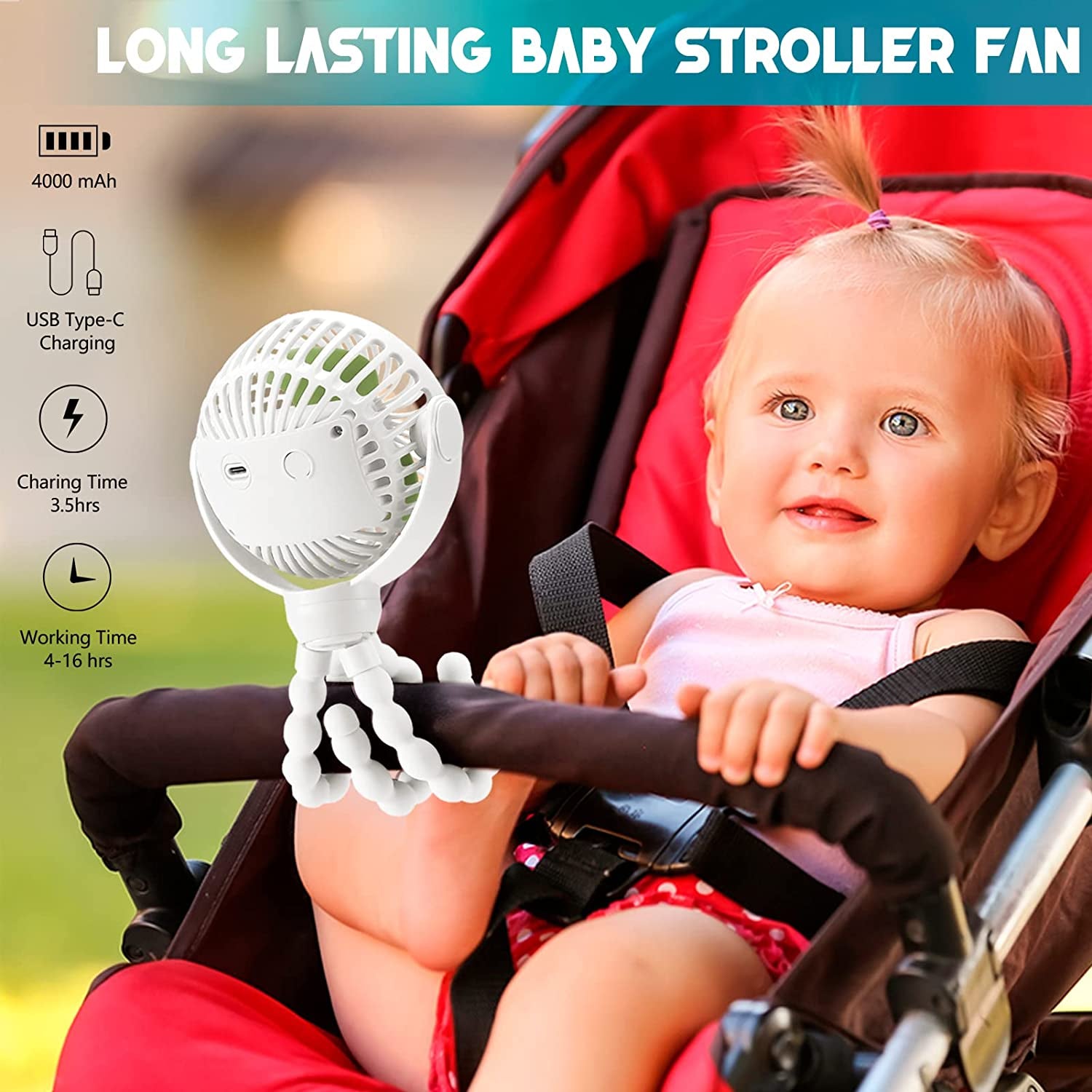 360° Portable Baby Stroller Fan - Rechargeable Mini Clip-On with Flexible Tripod, 4000mAh Battery for Travel, Crib, and Car Seat (White)