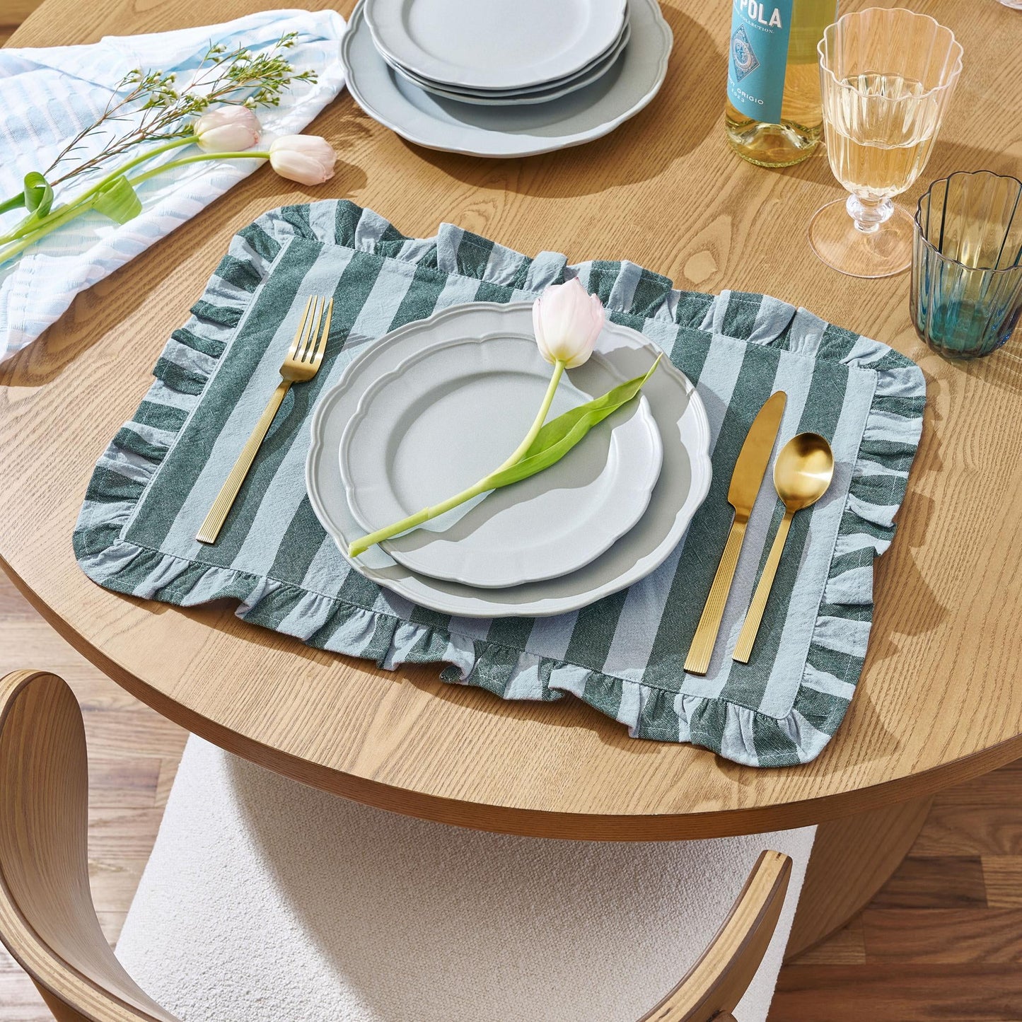 Charming Cornflower Blue & Thyme Green Ruffle Stripe Placemat by Drew Barrymore - 20"W x 14"L