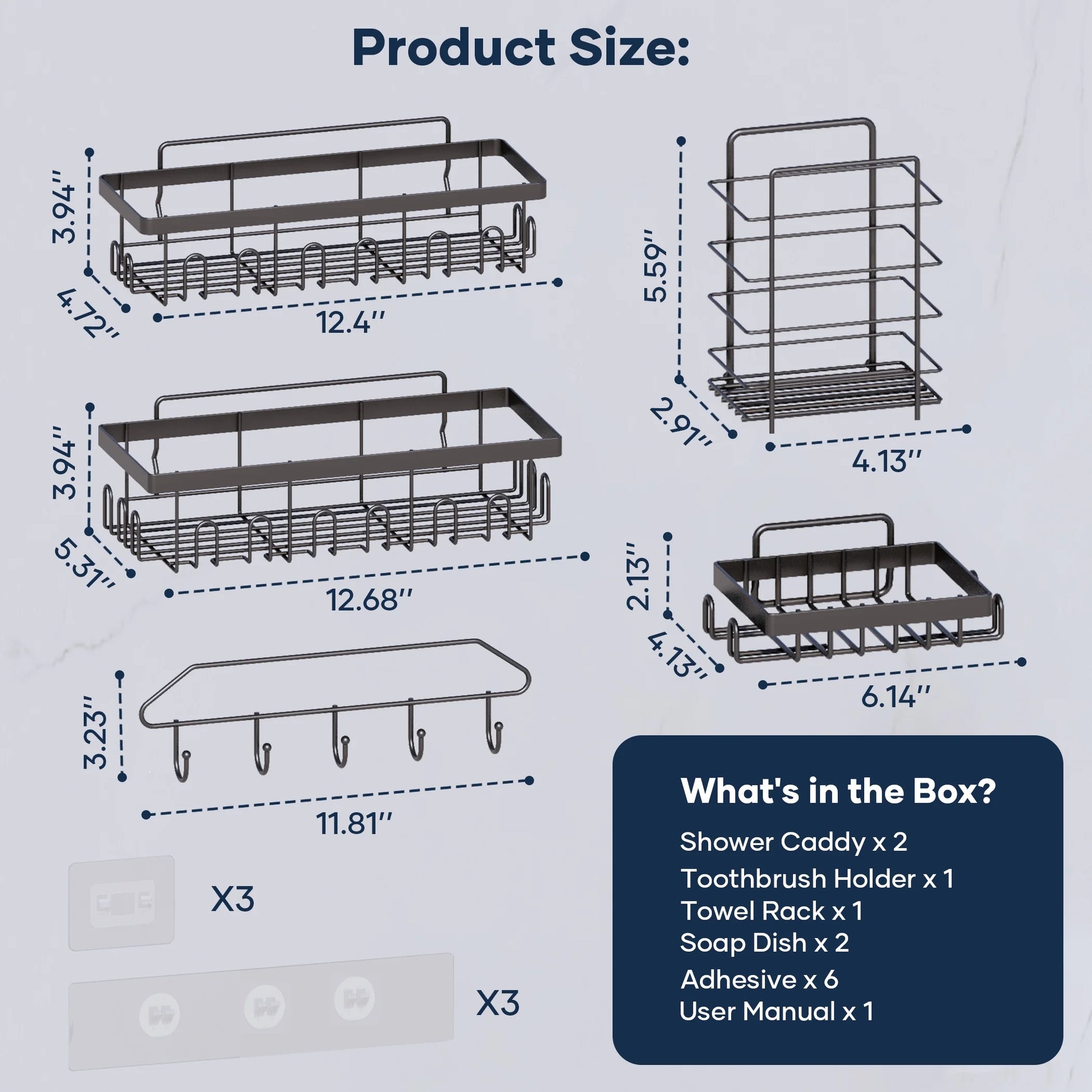 6-Pack Adhesive Shower Caddy - No-Drill Wall Mounted Organizer with Soap Holder, Large Capacity for Bathroom & Kitchen Storage - Sleek Black Design