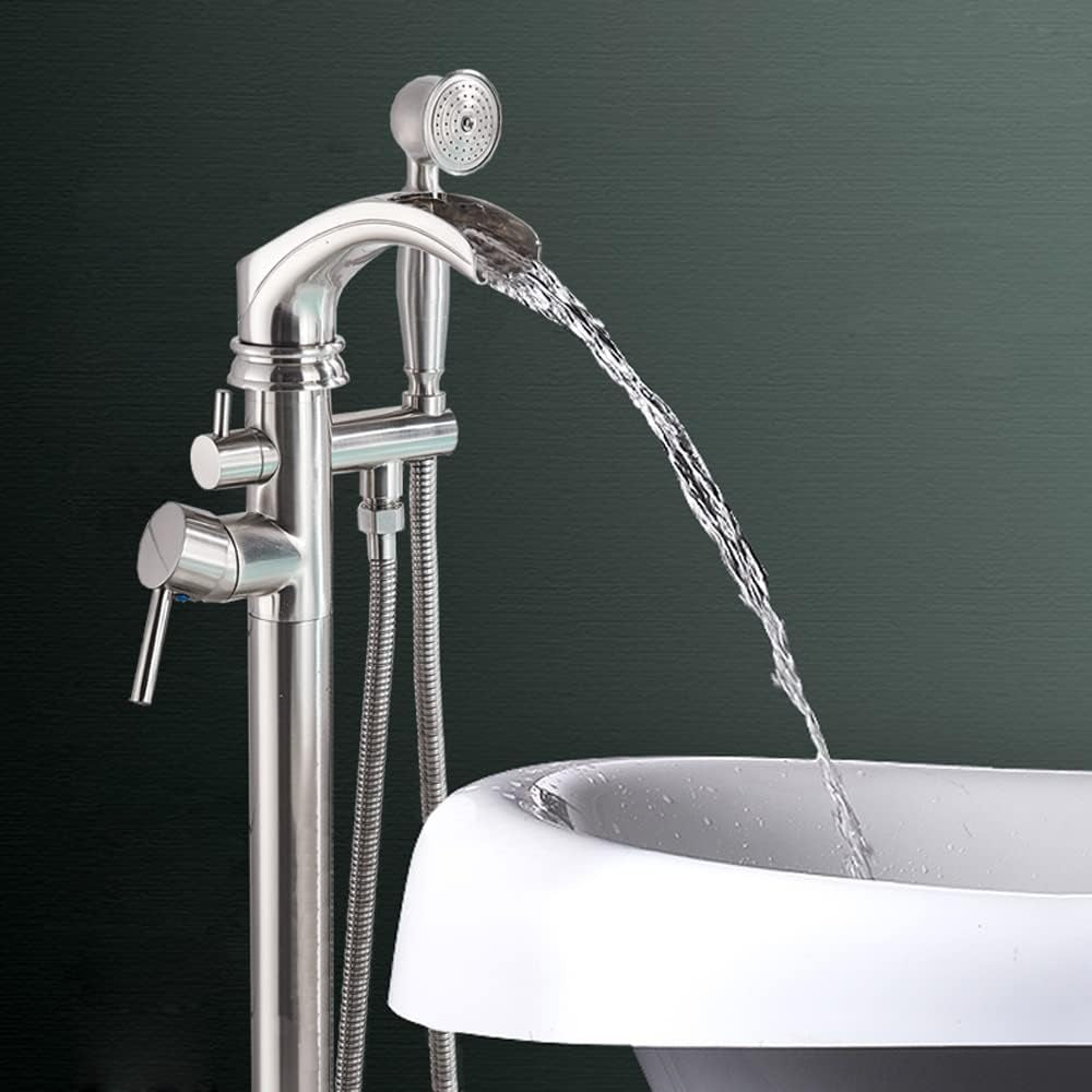 Stylish Freestanding Tub Filler with Waterfall Design & Handheld Sprayer - Stainless Steel Bathtub Faucet Set