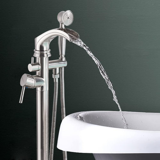 Stylish Freestanding Tub Filler with Waterfall Design & Handheld Sprayer - Stainless Steel Bathtub Faucet Set