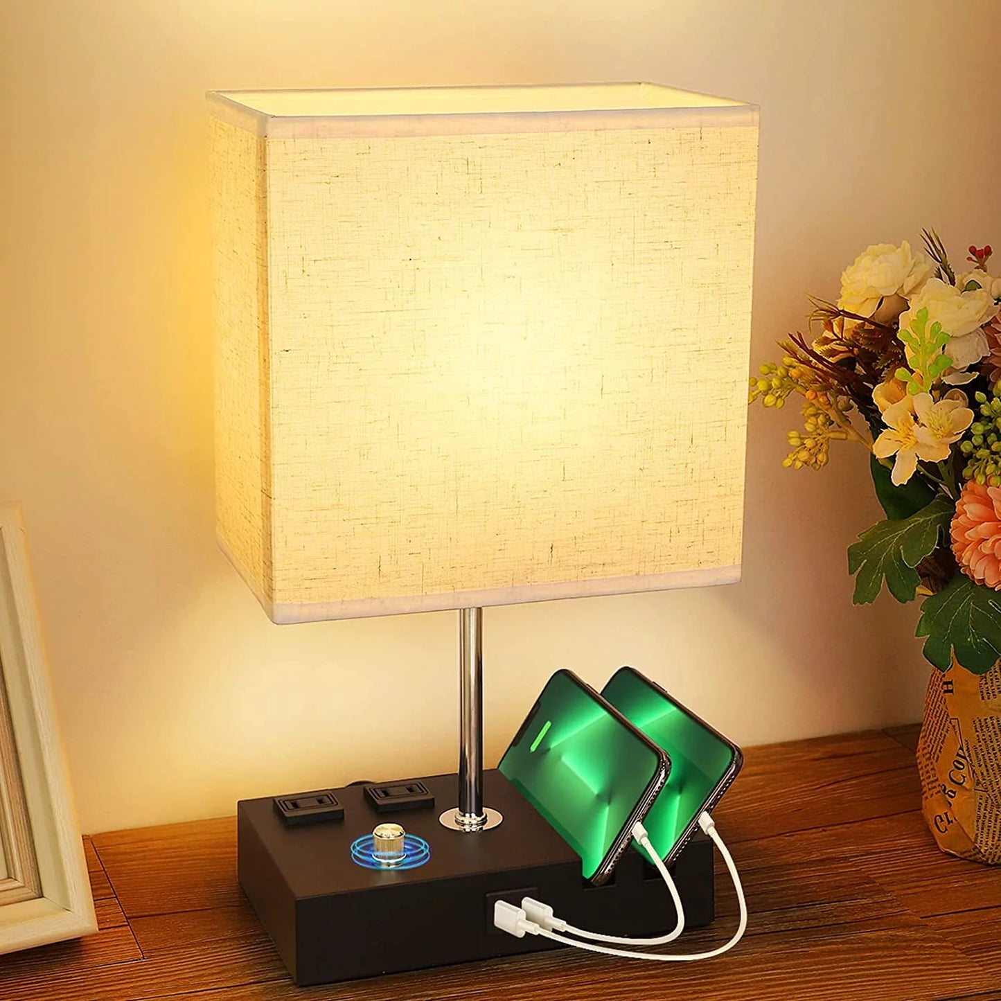 Stylish  Bedside Table Lamp with Dual Fast USB Charging, Fully Dimmable, 2 Phone Stands & Outlets - Perfect for Bedrooms & Living Rooms