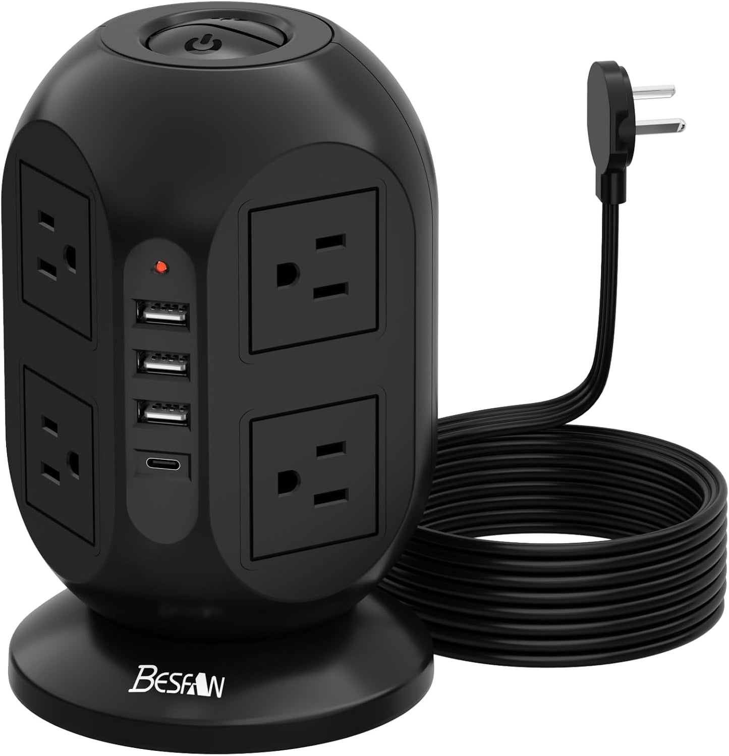 8-Outlet Surge Protector Power Strip Tower with 4 USB Ports (1 USB-C) and 10 Ft Flat Extension Cord - Ultimate Charging Station for Home, Office, and Dorm Essentials - Black