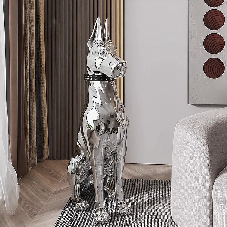 Luxury Electroplated Silver Doberman Sculpture | Modern Chrome Dog Statue – Set of 2