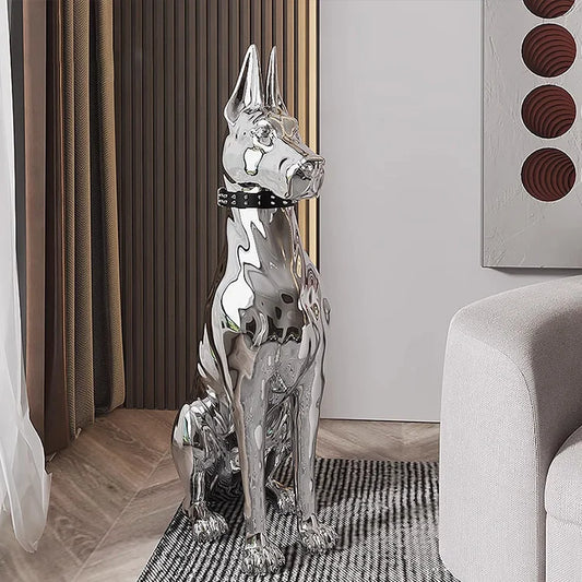 Luxury Electroplated Silver Doberman Sculpture | Modern Chrome Dog Statue – Set of 2