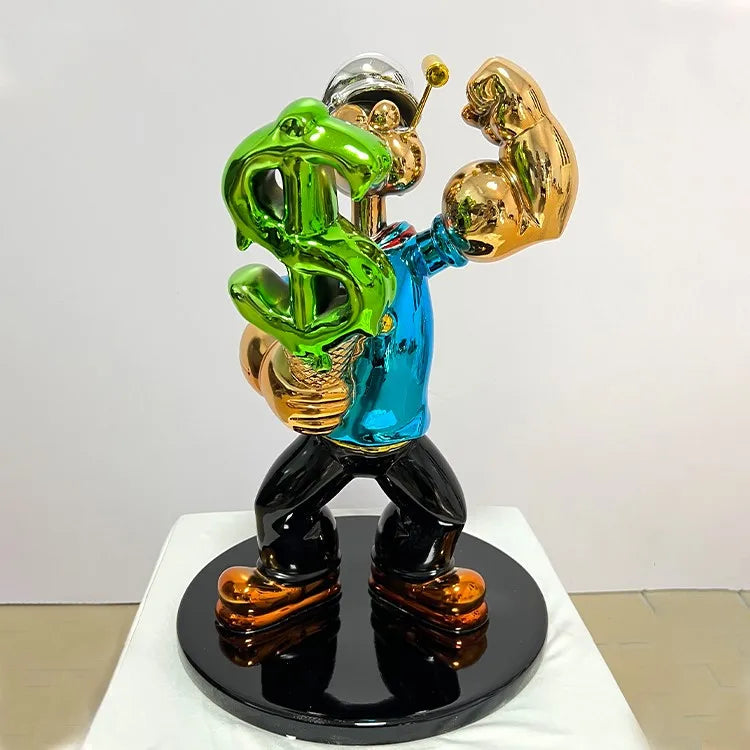 Pop Art Popeye Dollar Sign Statue – Luxury Chrome Resin Sculpture for Modern Home Decor