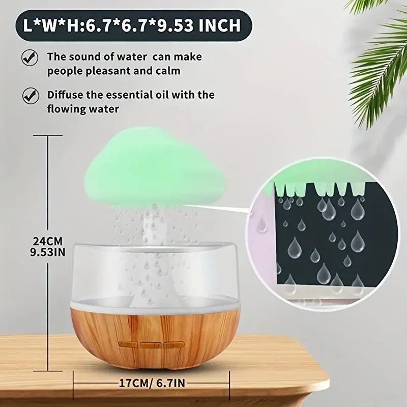 Rain cloud humidifier size and features infographic showing dimensions and essential oil diffusion
