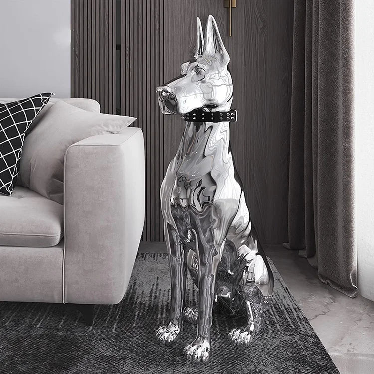 Luxury Electroplated Silver Doberman Sculpture | Modern Chrome Dog Statue – Set of 2