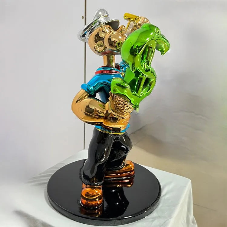 Pop Art Popeye Dollar Sign Statue – Luxury Chrome Resin Sculpture for Modern Home Decor
