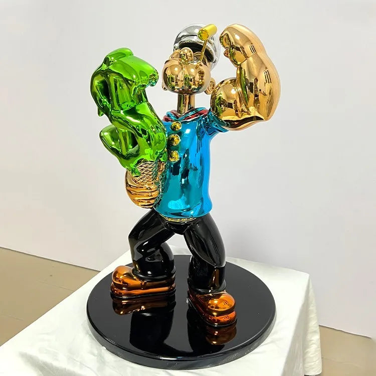 Pop Art Popeye Dollar Sign Statue – Luxury Chrome Resin Sculpture for Modern Home Decor