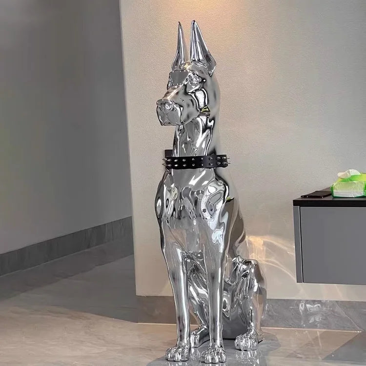 Luxury Electroplated Silver Doberman Sculpture | Modern Chrome Dog Statue – Set of 2
